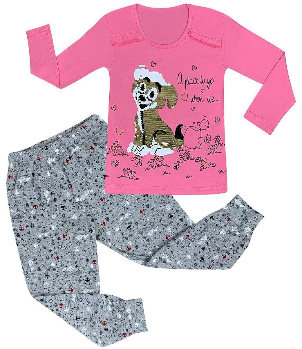 Schlafanzug Baumwolle tlg) Set Hausanzug 2 Pyjama langarm (Set, Pyjama Mädchen Rosa,Grau LOREZA