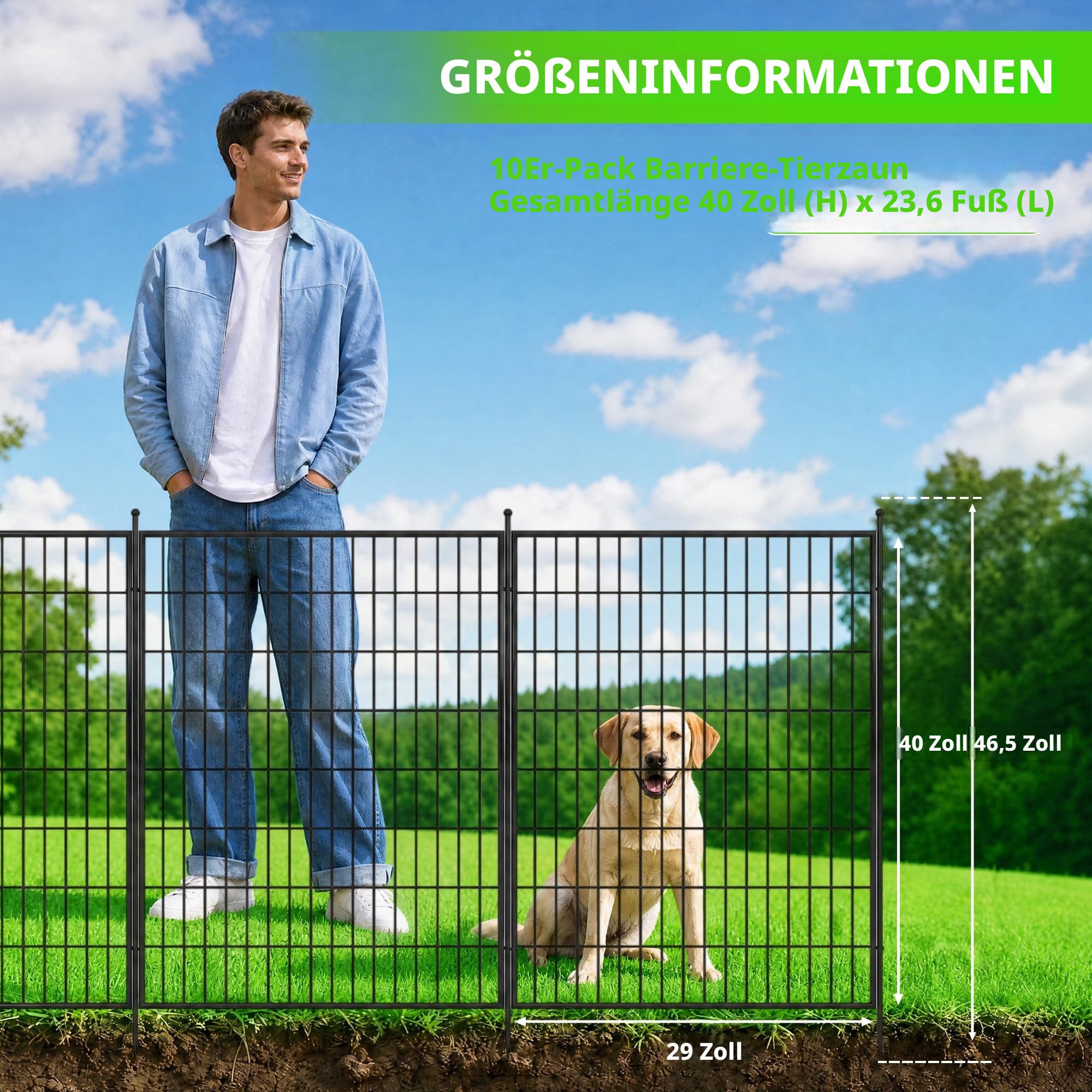 GarveeMore Gartenzaun Freigehege aus Eisen, Metallzaun zum Stecken, kein Graben nötig, (Set, 10-St), 100 cm Höhe mit Tür, schwarz, Beeteinfassung, Hundezwinger, Camping