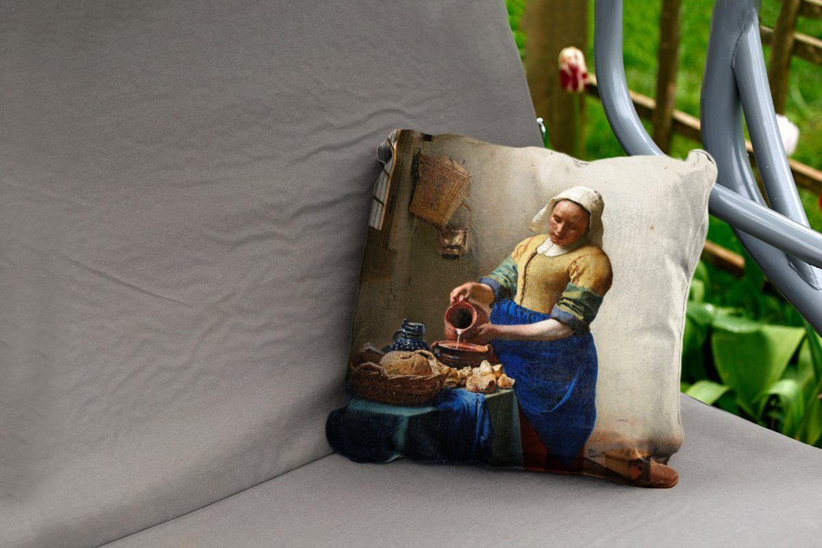 Vermeer, MuchoWow Dekokissen Milchmädchen Outdoor Kissenhülle, Das Dekokissenbezug, von Kissenbezüge, Gemälde Dekokissen, Johannes -