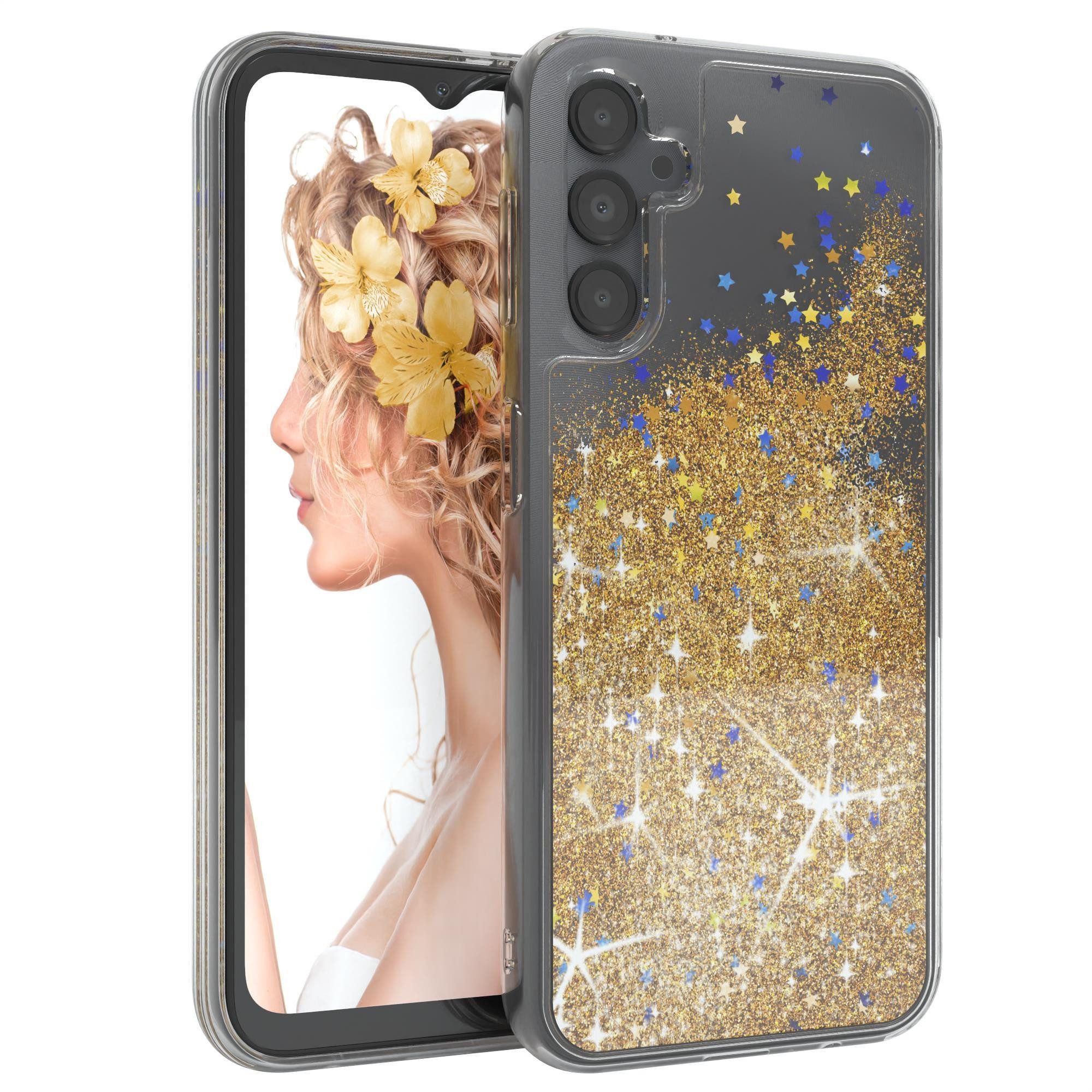 EAZY CASE Handyhülle Liquid Glittery Case für Samsung Galaxy A14 (5G) 6,6 Zoll, Durchsichtig Back Case Handy Softcase Silikonhülle Glitzer Cover Gold