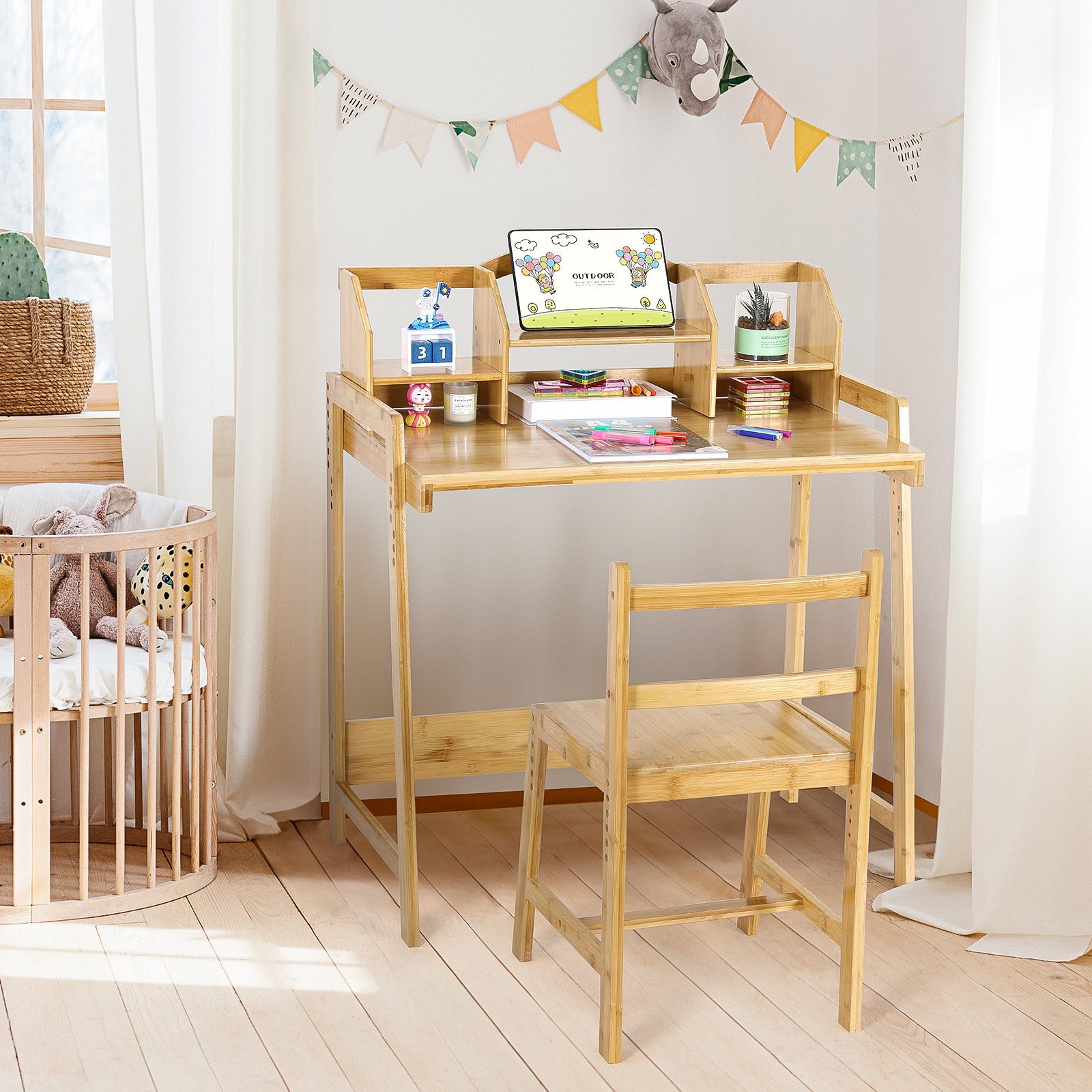 TLGREEN Kinderschreibtisch Höhenverstellbar, Bambus Holz Schreibtisch günstig online kaufen