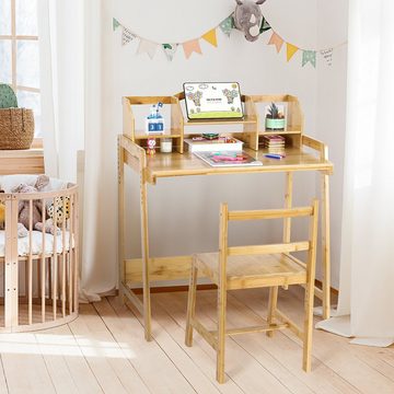 TLGREEN Kinderschreibtisch Bambus Holz Schreibtisch mit Stuhl, Höhenverstellbar, mit Buchhalterung Stauraum