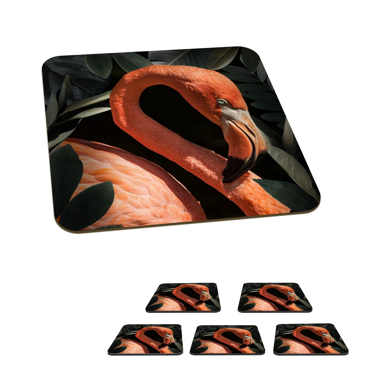 MuchoWow Glasuntersetzer Flamingo - Blätter - Porträt - Botanisch, Zubehör für Gläser, 6-tlg., Glasuntersetzer, Tischuntersetzer, Korkuntersetzer, Untersetzer, Tasse