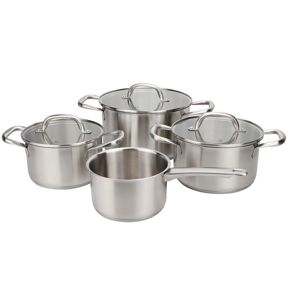 Banaru Design Topf-Set Banaru Design Stahl Kochtopf Set 7-tlg. silber, Edelstahl (Set bestehend aus 4 Töpfen und 3 Deckel), für alle Herdarten einschließlich Induktionsherd geeignet