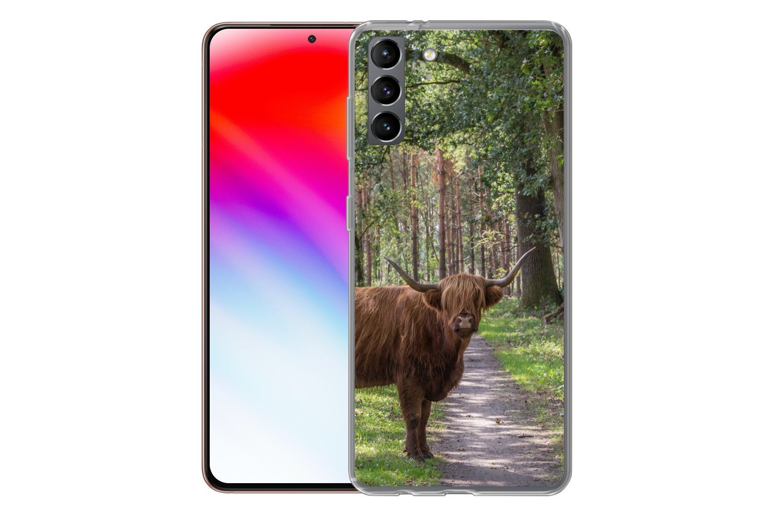 MuchoWow Handyhülle für Samsung Galaxy S21 Plus Schottischer Highlander - Kröte - Baum, Phone Case, Silikon, Schutzhülle Dünn