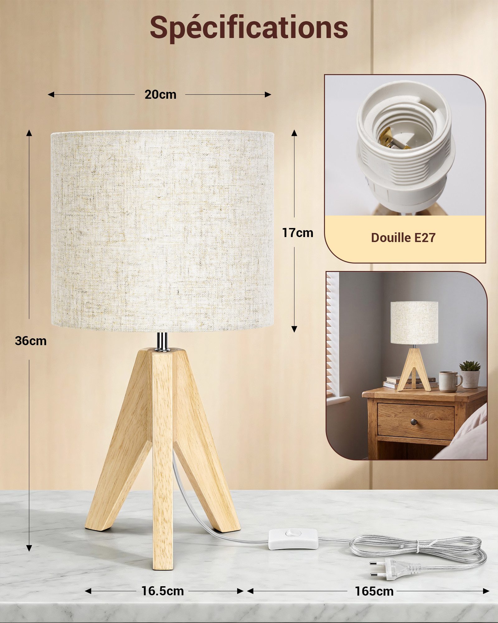 EDISHINE Nachttischlampe Vintage Tischlampe Holz mit Stoffschirm, inkl. Leuchtmittel, LED wechselbar, Warmweiß, Lampenschirm aus Leinen, für Deko, Schlafzimmer, – Bild 4 von 5