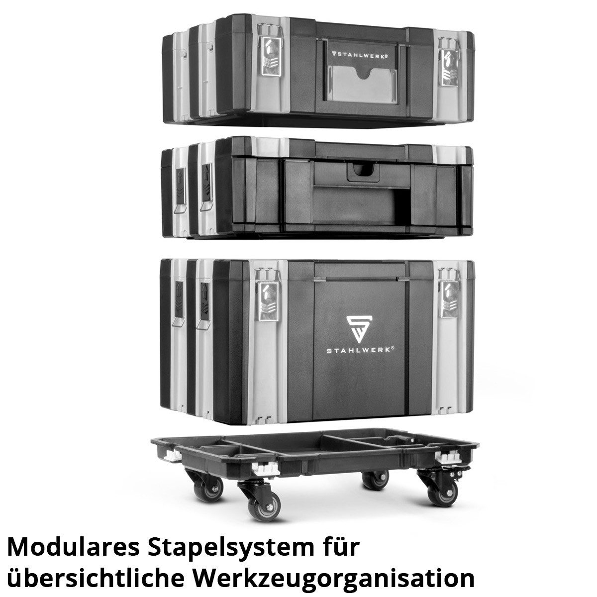 STAHLWERK Werkzeugkoffer Mobiles Toolbox Set mit 3 Werkzeugkoffern Rollbrett und Lenkrollen (Set, 3 Boxen)
