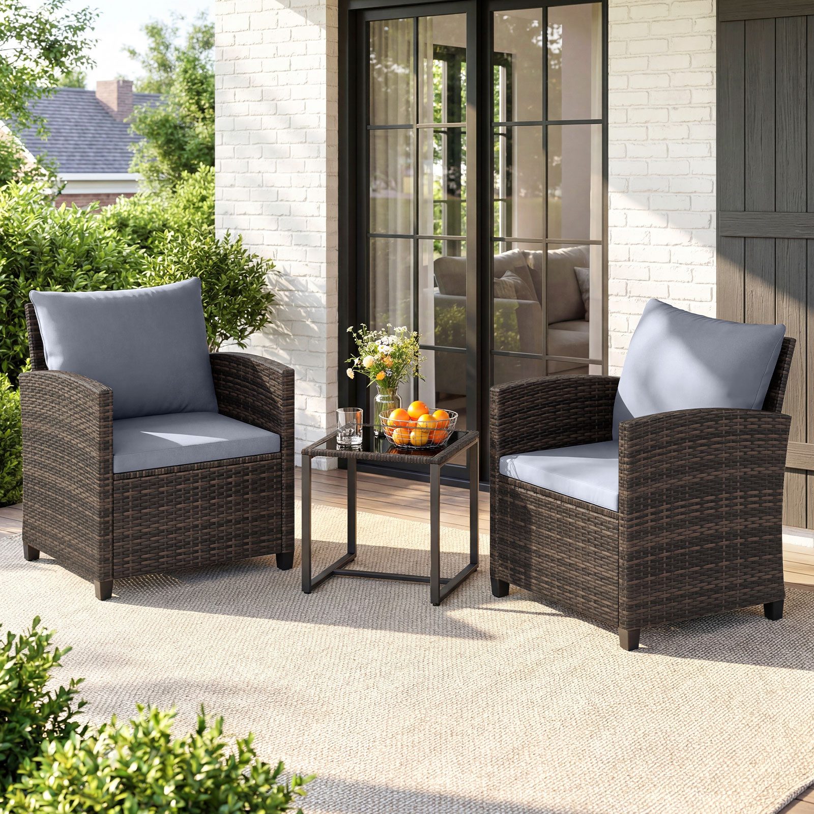 COSTWAY Balkonset, (3-tlg), Rattan Gartenmöbel mit 2 Stühle & Tisch, 2 Personen