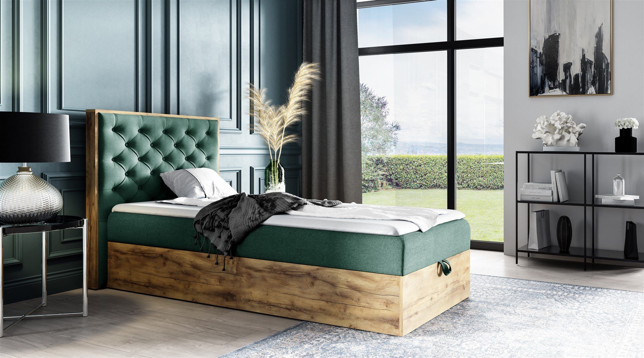 Fun Möbel Boxbett Gästebett Einzelbett Bett DIONA MINI in Stoff (Artisan-Eiche Optik, in drei Größen), Inkl. Bettkasten und Topper