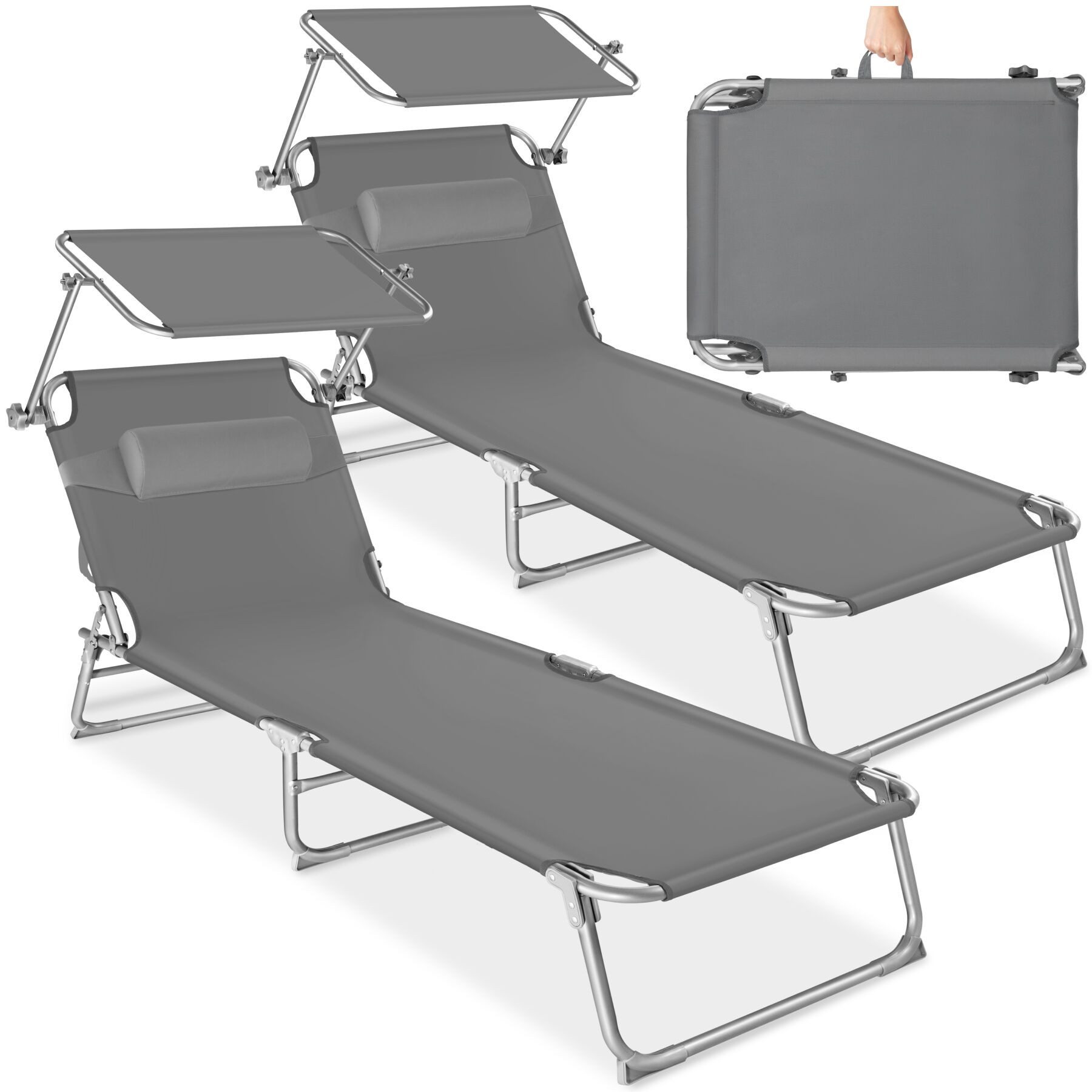 tectake Gartenliege Sonnenliege klappbar mit Kopfpolstern, UV-beständig, 190 x 68 x 111, Sonnenliegen Chloé mit Seitentasche, 2 St., in grau, Sonnendach und Rückenlehne verstellbar, widerstandsfähig