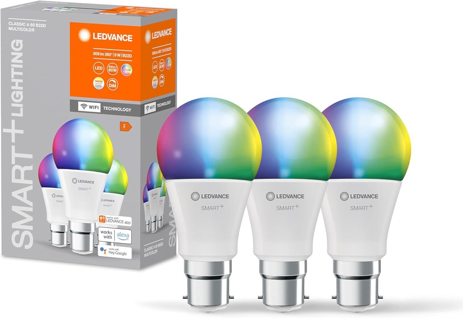 Ledvance Smarte LED-Leuchte 3er Pack Smart WiFi LED Lampe B22d 9 W RGBW 2700-6500 K Dimmbar, Smart Leuchtmittel Glühbirne WLAN Lampe LED Beleuchtung