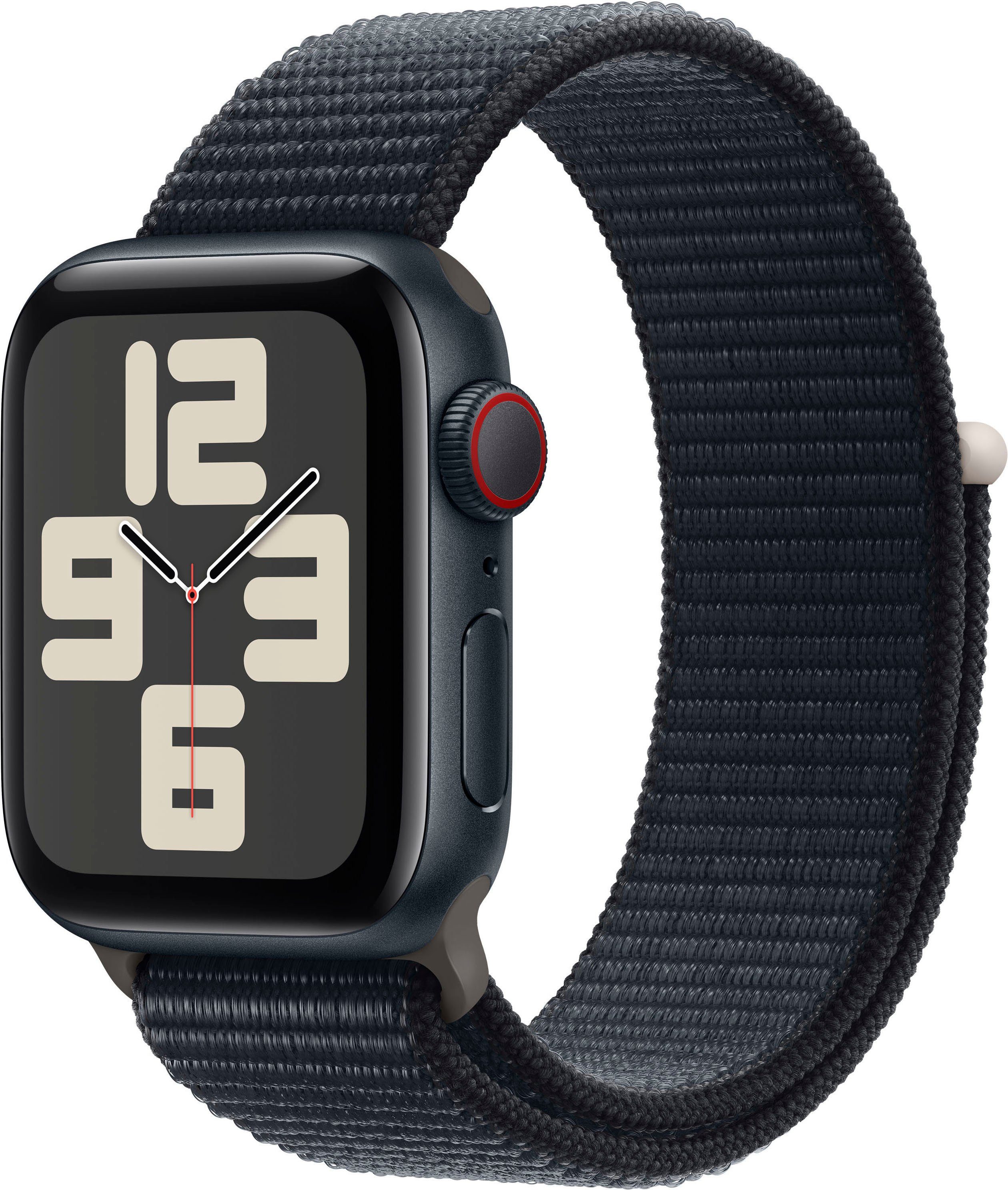 Apple Watch SE GPS 40 mm Aluminium + Cellular M/L Smartwatch (4 cm/1,57 Zoll, Watch OS 10), Sport Loop mitternacht | midnight | Apple Watch