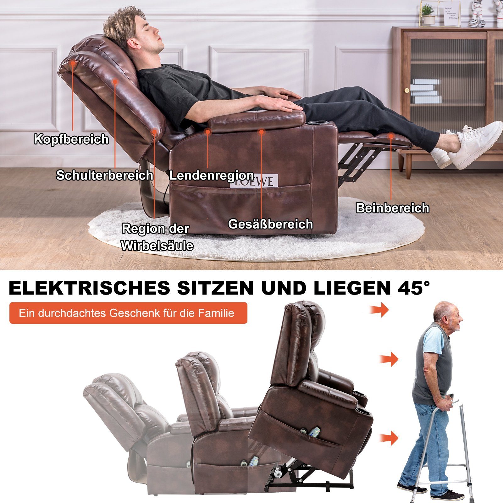 ältere und Powerlift-Liegestuhl Massagesessel braun COMHOMA mit & 2 Menschen, Massage Seitentaschen Heizung-Funktion Relaxsessel Getränkehalter, für