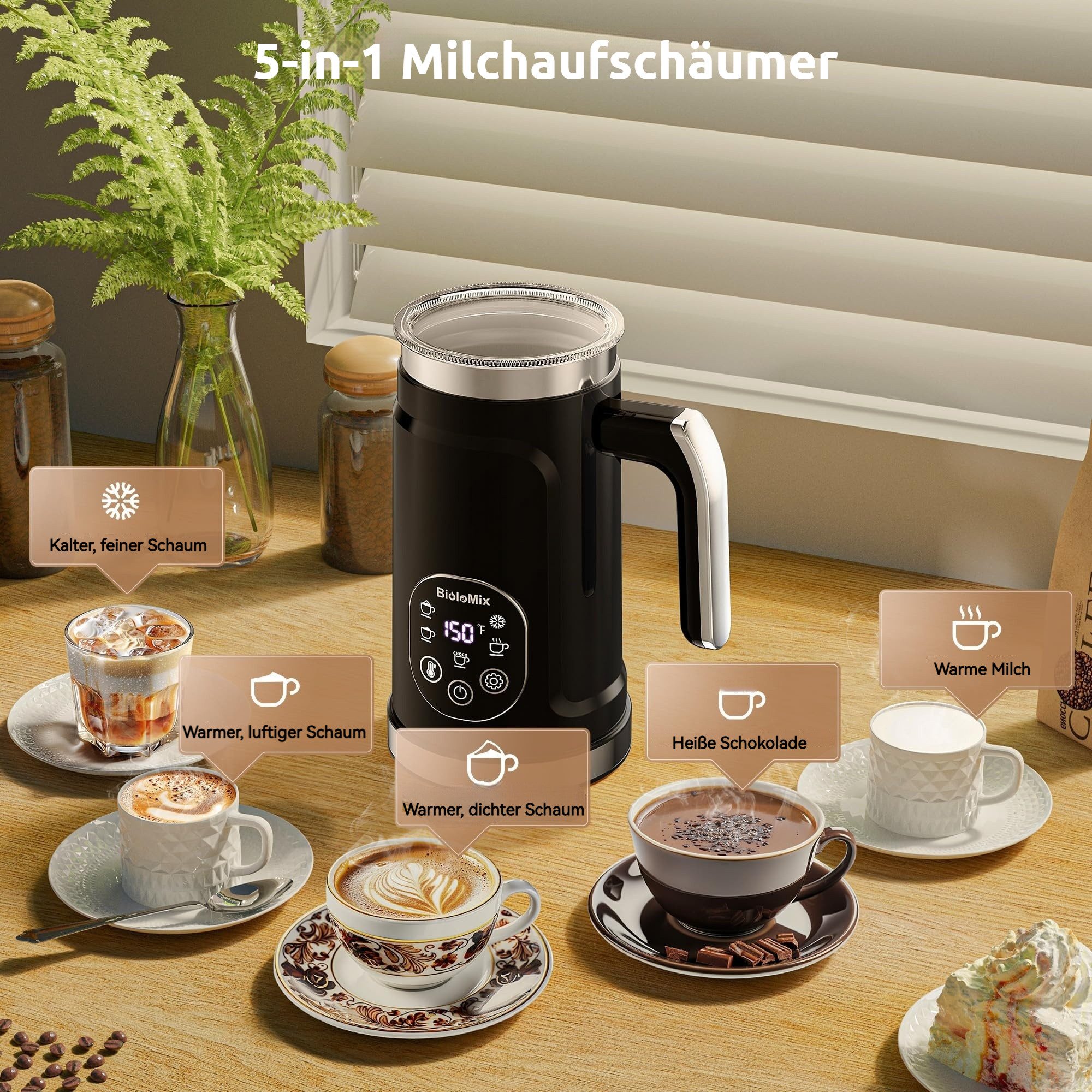 Tekoo Milchaufschäumer Elektrischer Milchaufschäumer 5-in-1, LCD-Display, Temperaturregelung, 500 W, LCD-Touch-Display, 3 Temperaturstufen, Antihaftbeschichtung