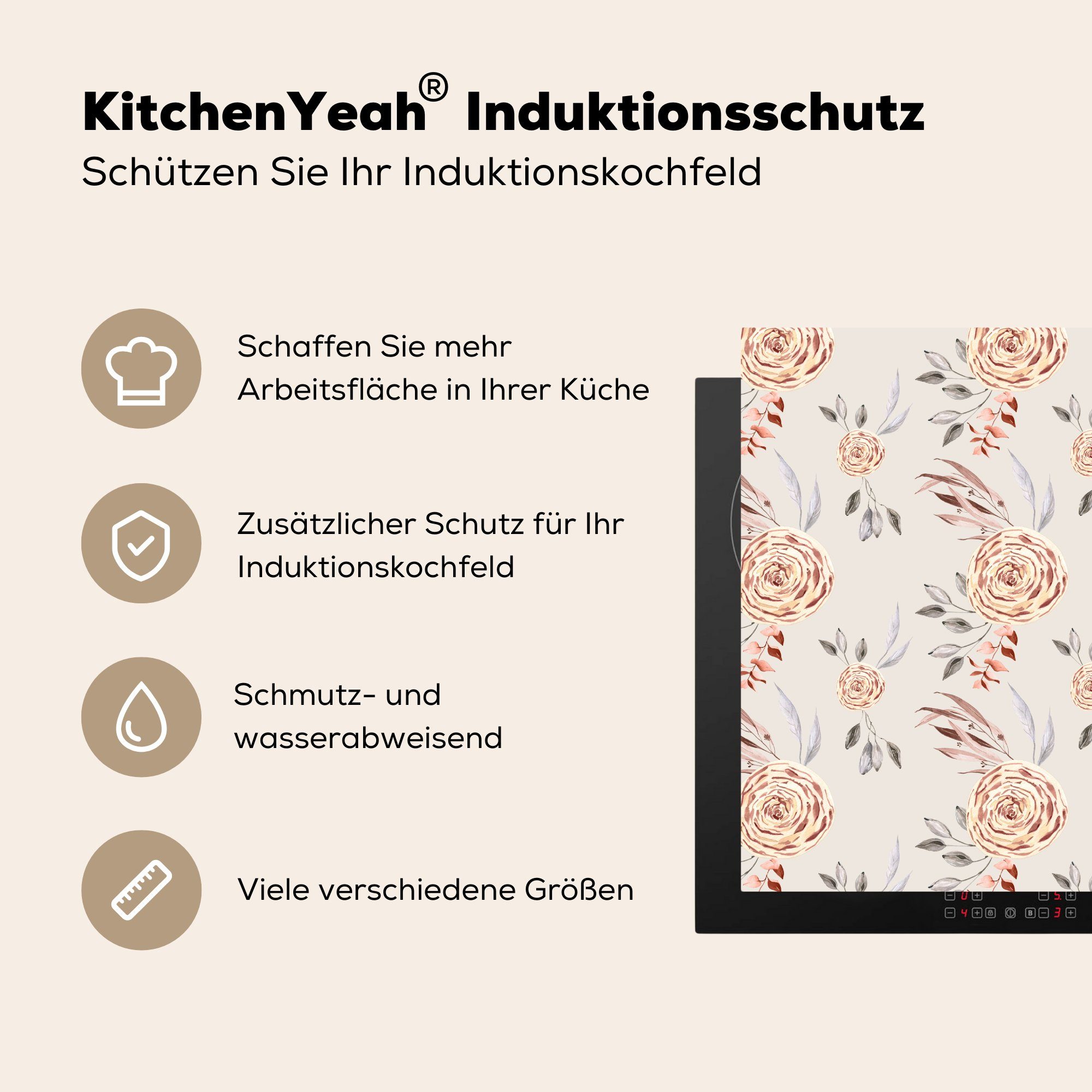MuchoWow cm, Rosen küche - Muster, für - Ceranfeldabdeckung, Gold 78x78 Vinyl, Herdblende-/Abdeckplatte Arbeitsplatte (1 tlg),