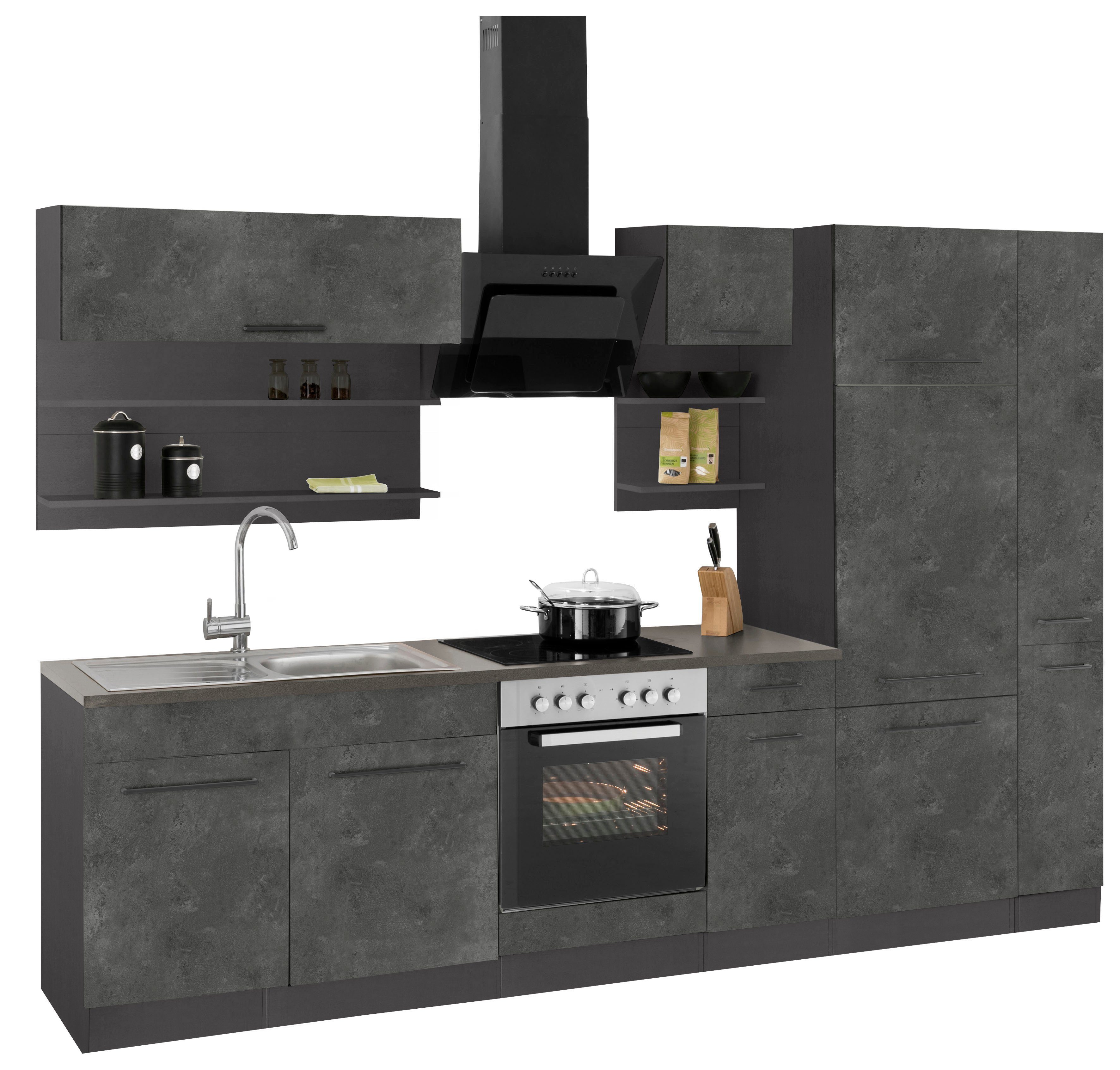 KOCHSTATION Küchenzeile KS-Tulsa, mit E-Geräten, Breite 300 cm, schwarze Metallgriffe, MDF Fronten