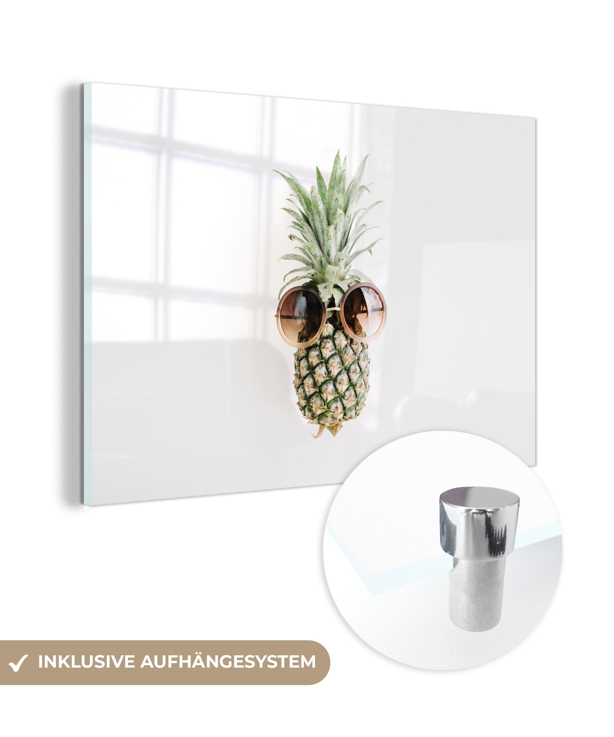 MuchoWow Acrylglasbild Ananas - Sonnenbrille - Tropisch, (1 St), Acrylglasbilder Wohnzimmer & Schlafzimmer