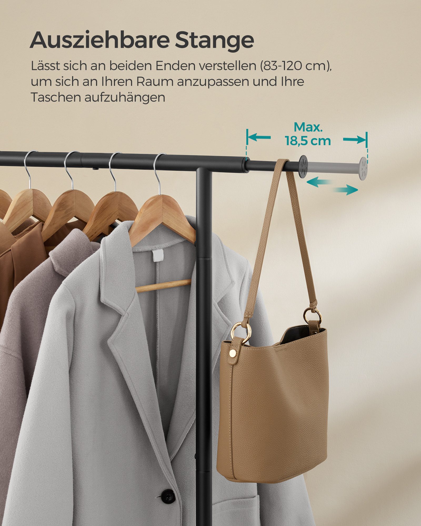 SONGMICS Kleiderständer ausziehbare Kleiderstange, Garderobenständer, 40 x (83-120) x 156 cm, (auf Rollen), Stahlrohren, erhöhte Ablagestange, bis 45 kg belastbar, tintenschwarz