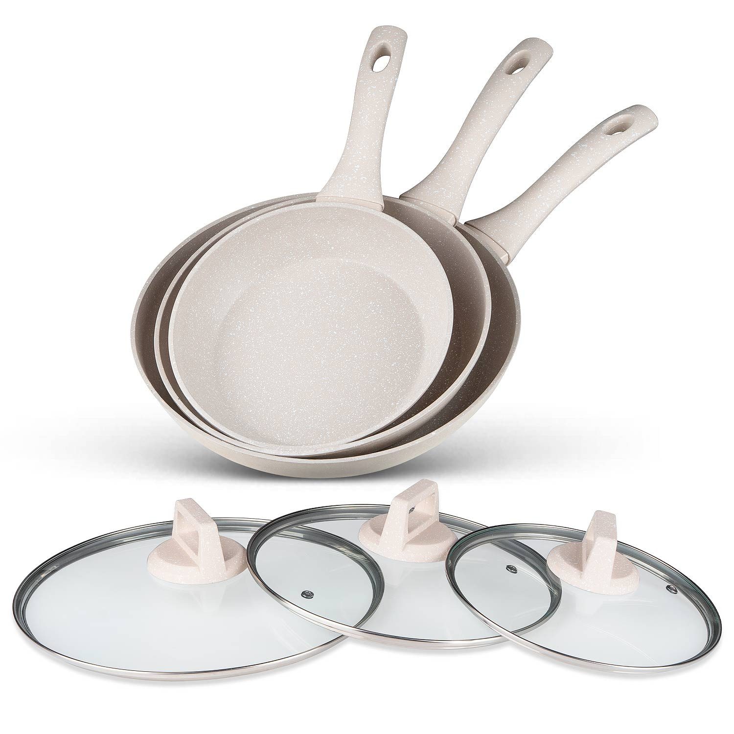 BEM Pfannen-Set Pfannen mit Glasdeckeln (20, 24, 28 cm), Aluminium und Antihaftbeschichtung (Set, 6-tlg., komfortable und hitzebeständige Griffe), für alle Herdarten geeignet