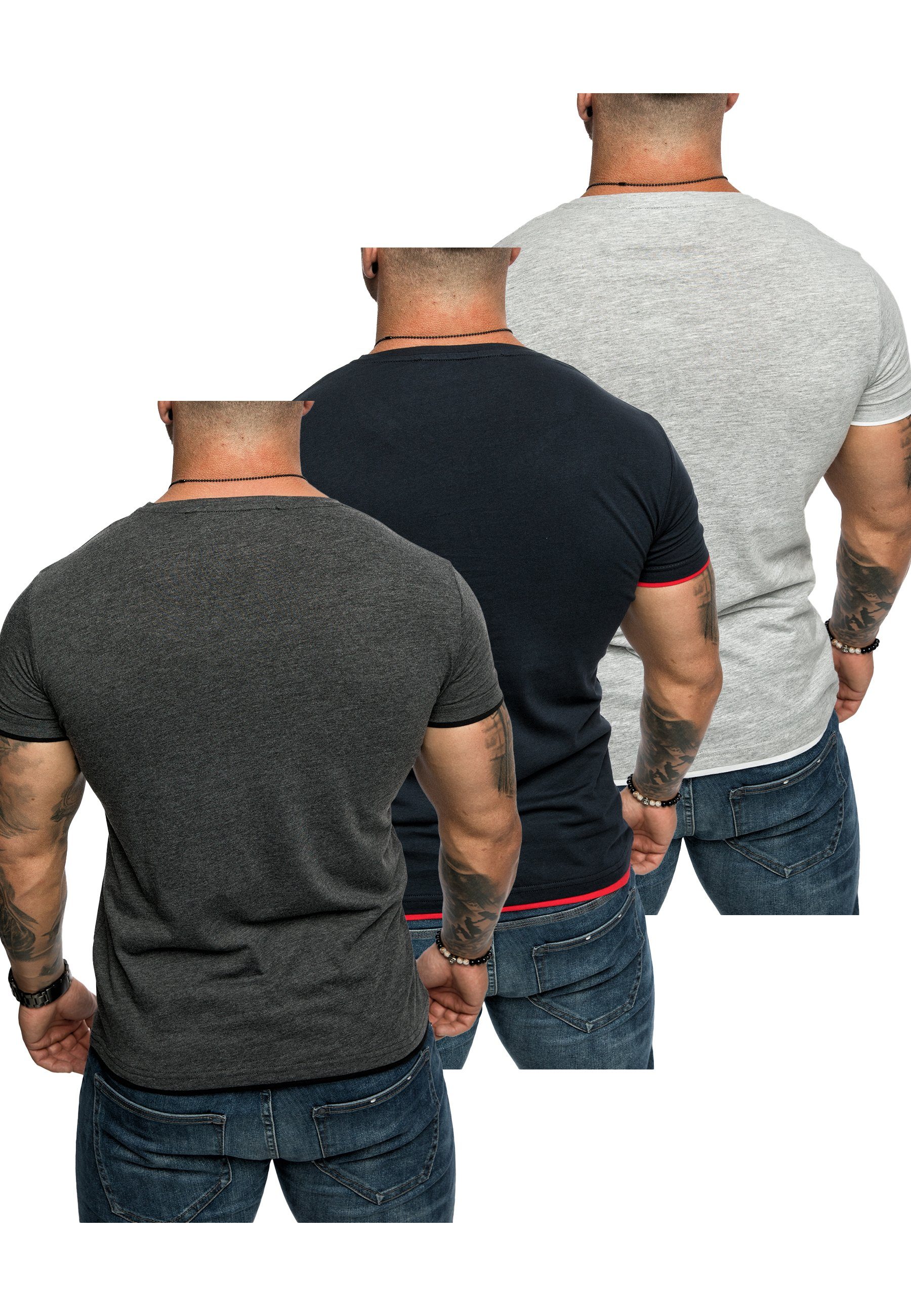 Navyblau/Rot 3. Grau/Weiß) Amaci&Sons Rundhalsausschnitt T-Shirts Herren Oversize LAKEWOOD T-Shirt + Basic (3er-Pack) mit (Anthrazit/Schwarz T-Shirt 3er-Pack +