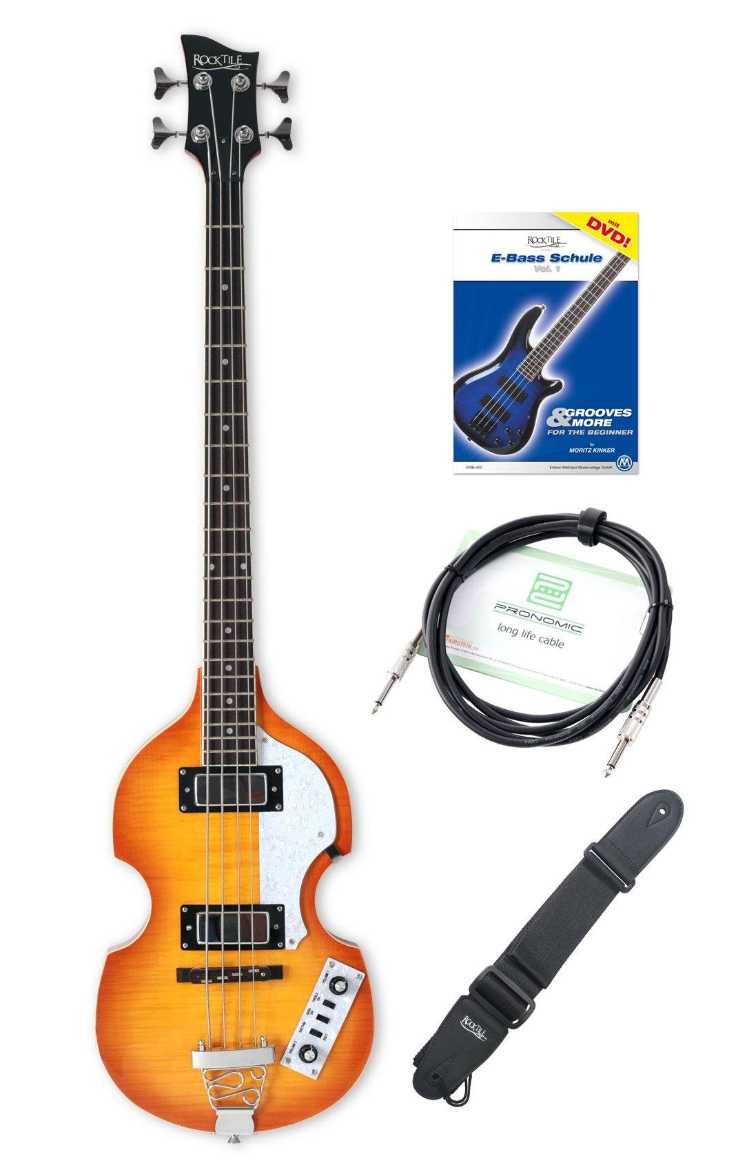 Rocktile E-Bass VB “Sir Paul” Vintage Beatbass, Violinbass-Design, Spar-Set, inkl. Tasche, Gitarrenkabel und Gurt, Bassgitarre - Hollowbody - 2 Humbucker