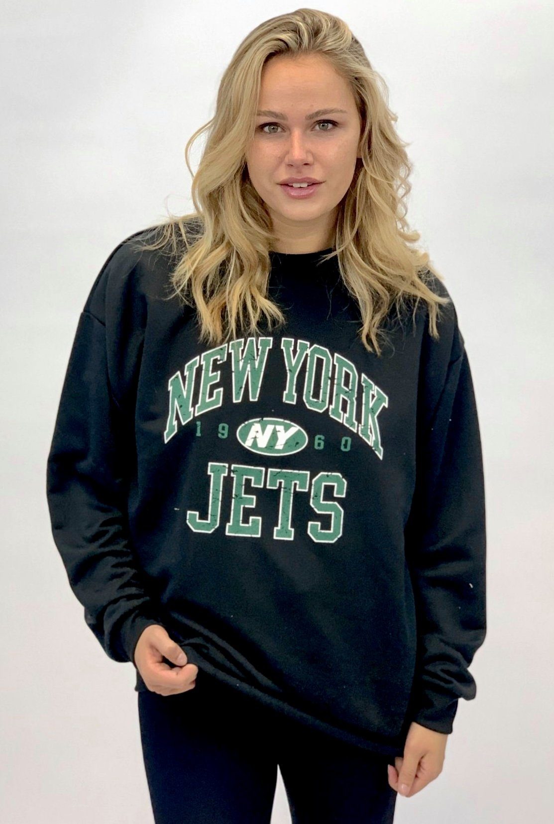 Worldclassca Longsweatshirt Worldclassca Damen Mädchen Oversized Sweatshirt Lounge Homewear Sweater Shirt Bedruckt Schriftzug NEW YORK JETS College Uni Farben Freizeit Sport Langarmshirt Oberteil Pulli Pullover Blogger S-L NEU