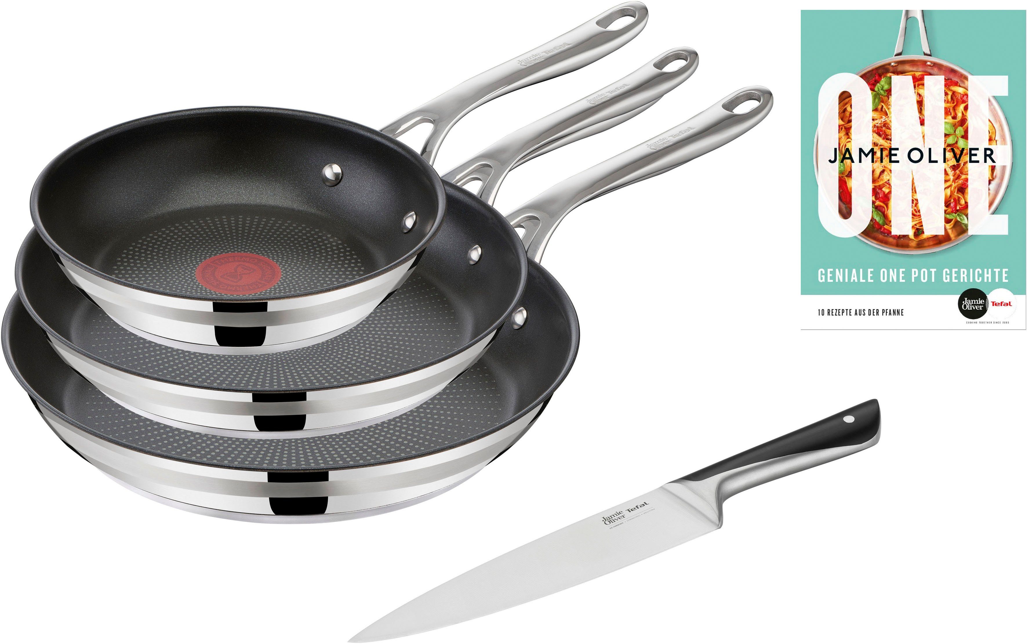 Tefal Сковороды-Set Jamie Oliver Cook Smart, Edelstahl 18/10 (Set, je 1 Pfanne 20/24/28 cm, 1 Kochmesser), stilvolle Edelstahl-Pfannen, inkl. Kochmesser, Rezeptbuch