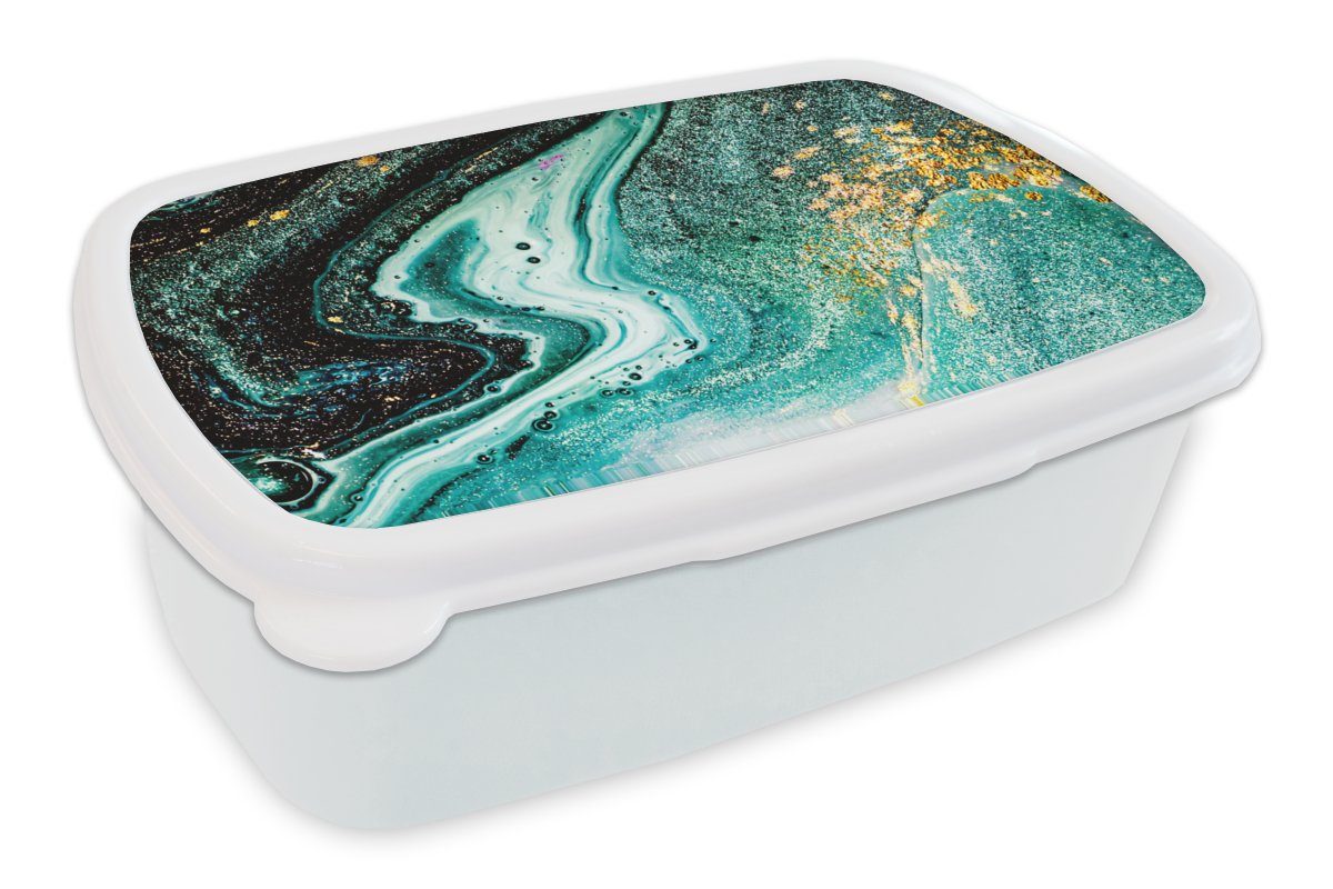 MuchoWow Lunchbox Marmoroptik - Blau - Gold - Glitzer - Luxus - Marmor, Kunststoff, (2-tlg), Brotbox für Kinder und Erwachsene, Brotdose, für Jungs und Mädchen weiß
