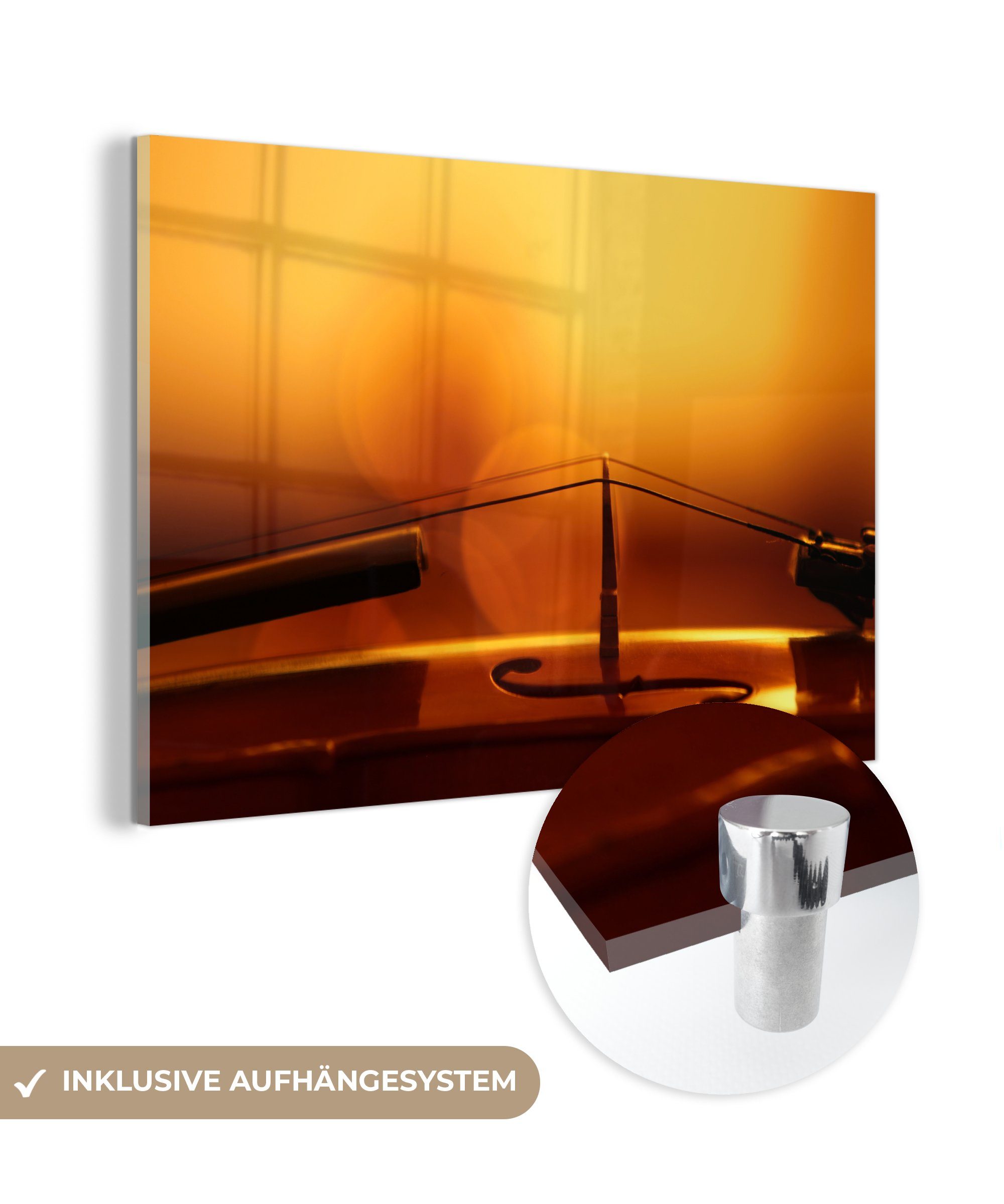 MuchoWow Acrylglasbild Eine Geige im orangefarbenen Licht, (1 St), Acrylglasbilder Wohnzimmer & Schlafzimmer