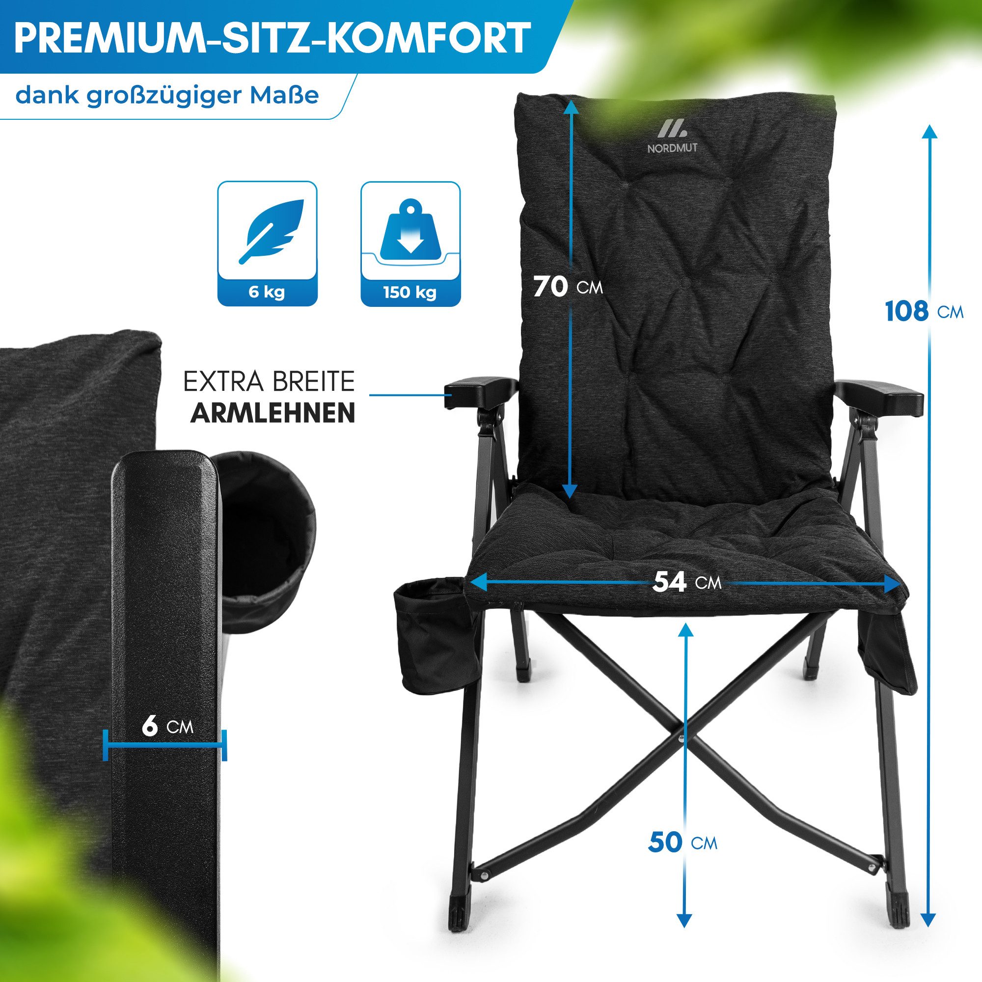 Nordmut Campingstuhl verstellbare Rückenlehne 4-fach, gepolstert, kompakt, Sitzen & Liegen (Spar-Set, 1 St), hohe Lehne, klappbar, 140kg belastbar, ergonomische Sitzform, Armlehne