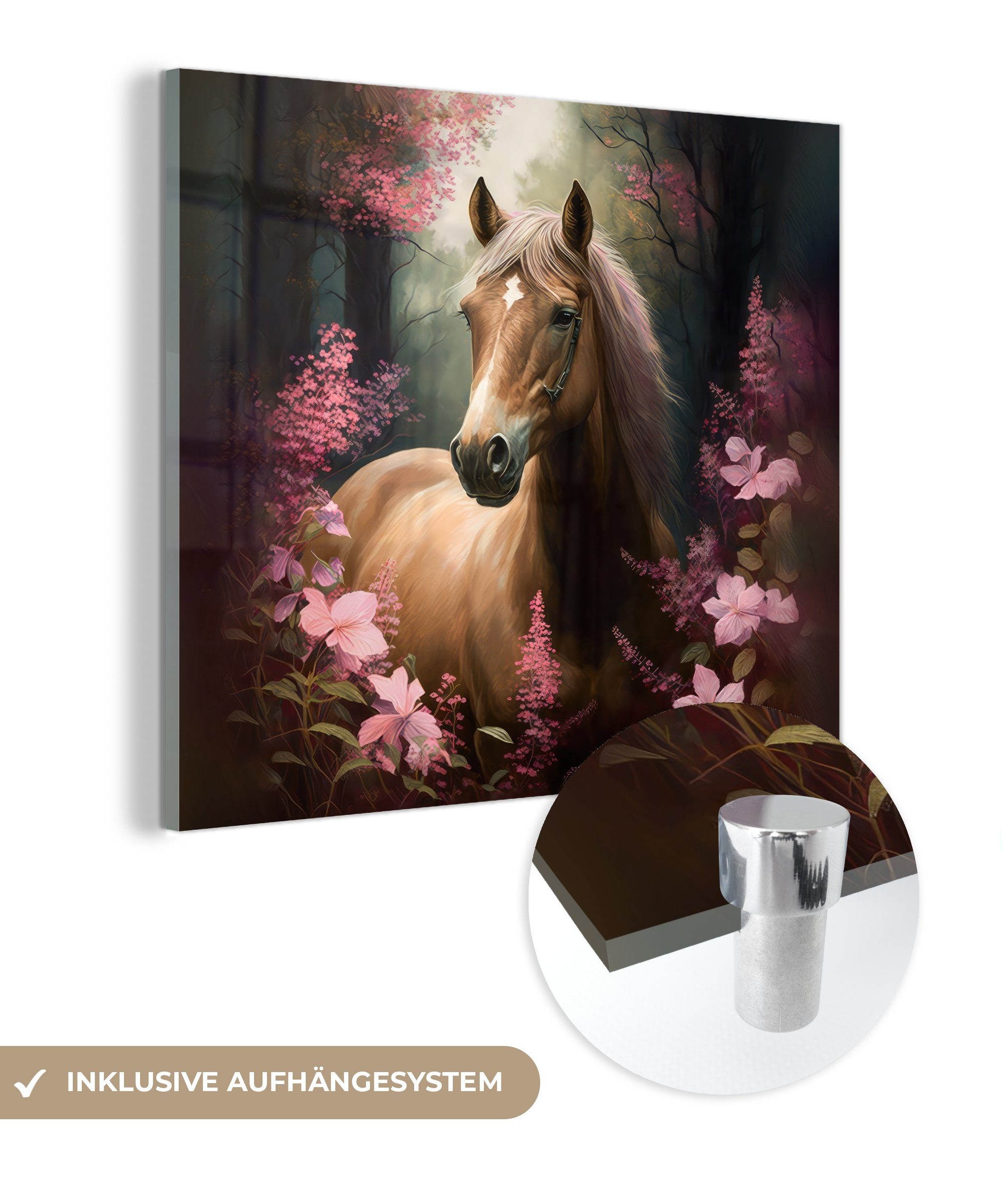 MuchoWow Acrylglasbild Pferd - Blumen - Rosa - Natur - Wald, (1 St), Glasbilder - Bilder auf Glas Wandbild - Foto auf Glas - Wanddekoration | Bilder