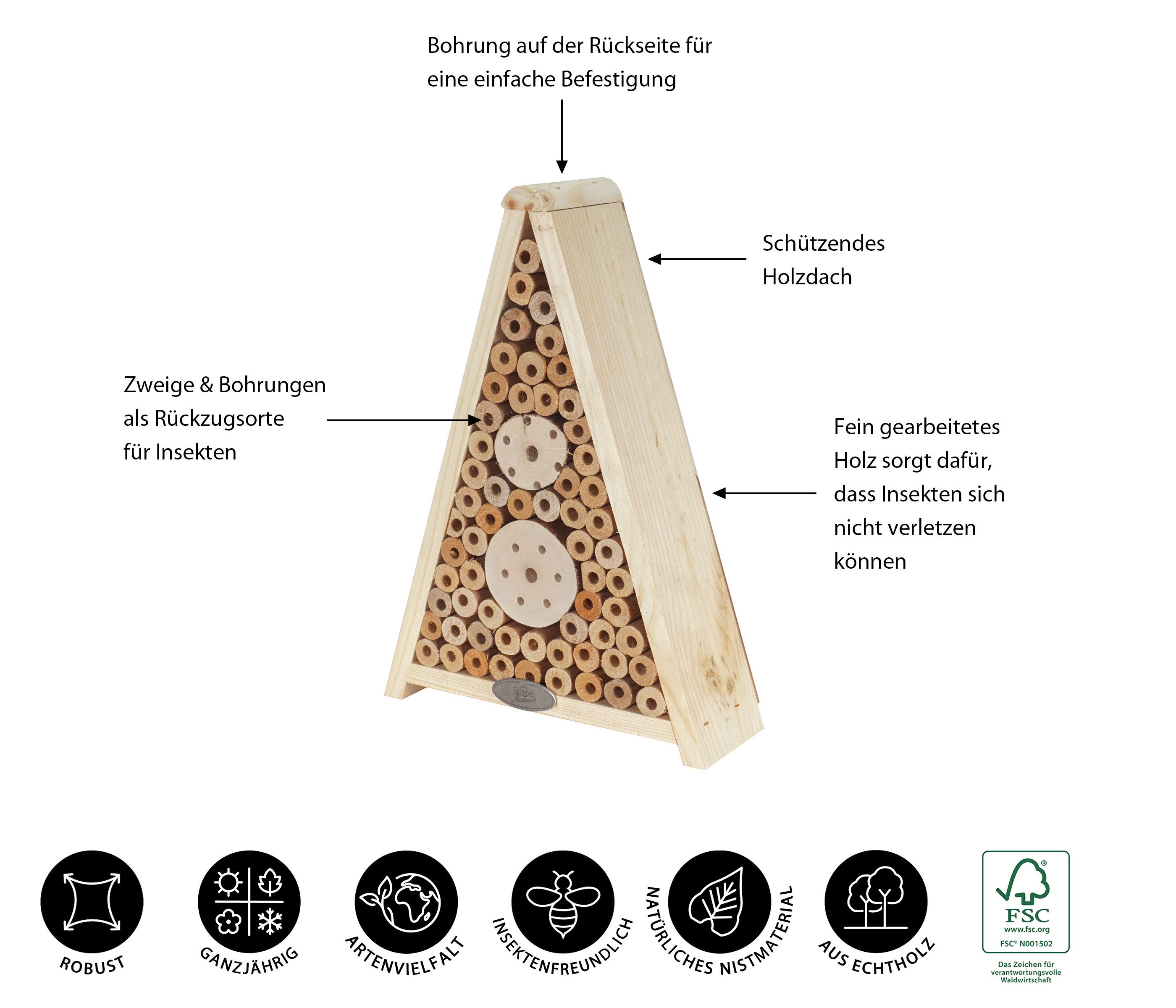 Dehner Insektenhotel Natura Premium Gaia, 24 x 34 x 9 cm, optimale Brutbedingungen für Bienen