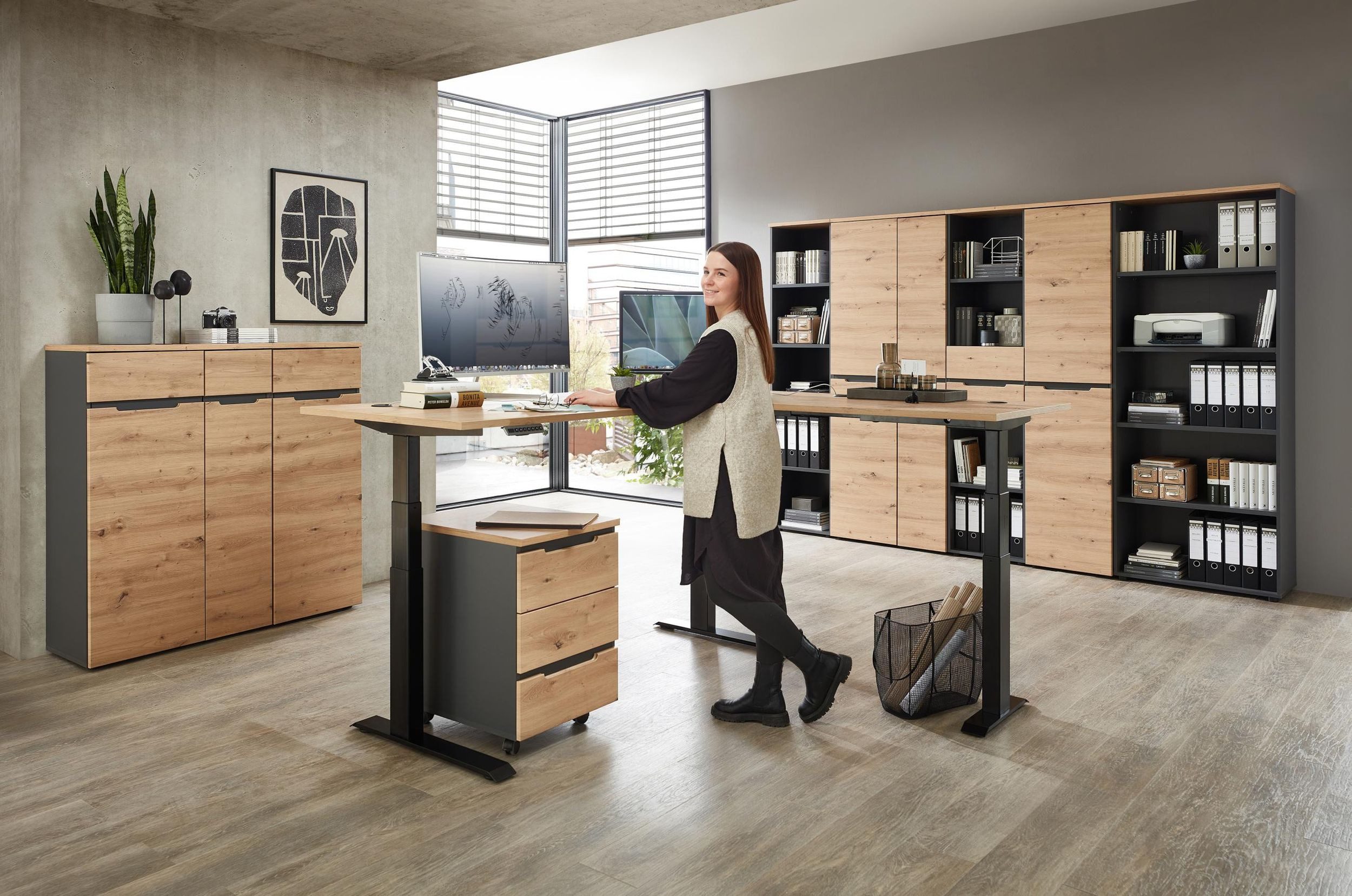 Innostyle Büromöbel-Set Komplettbüro MEMPHIS X 9-teilig Front Artisan Eiche Korpus Graphit, (Komplett-Set, 9-tlg., 4x Büroschrank, 3x Büroregal, 1x Eckschreibtisch, 1x Rollcontainer)