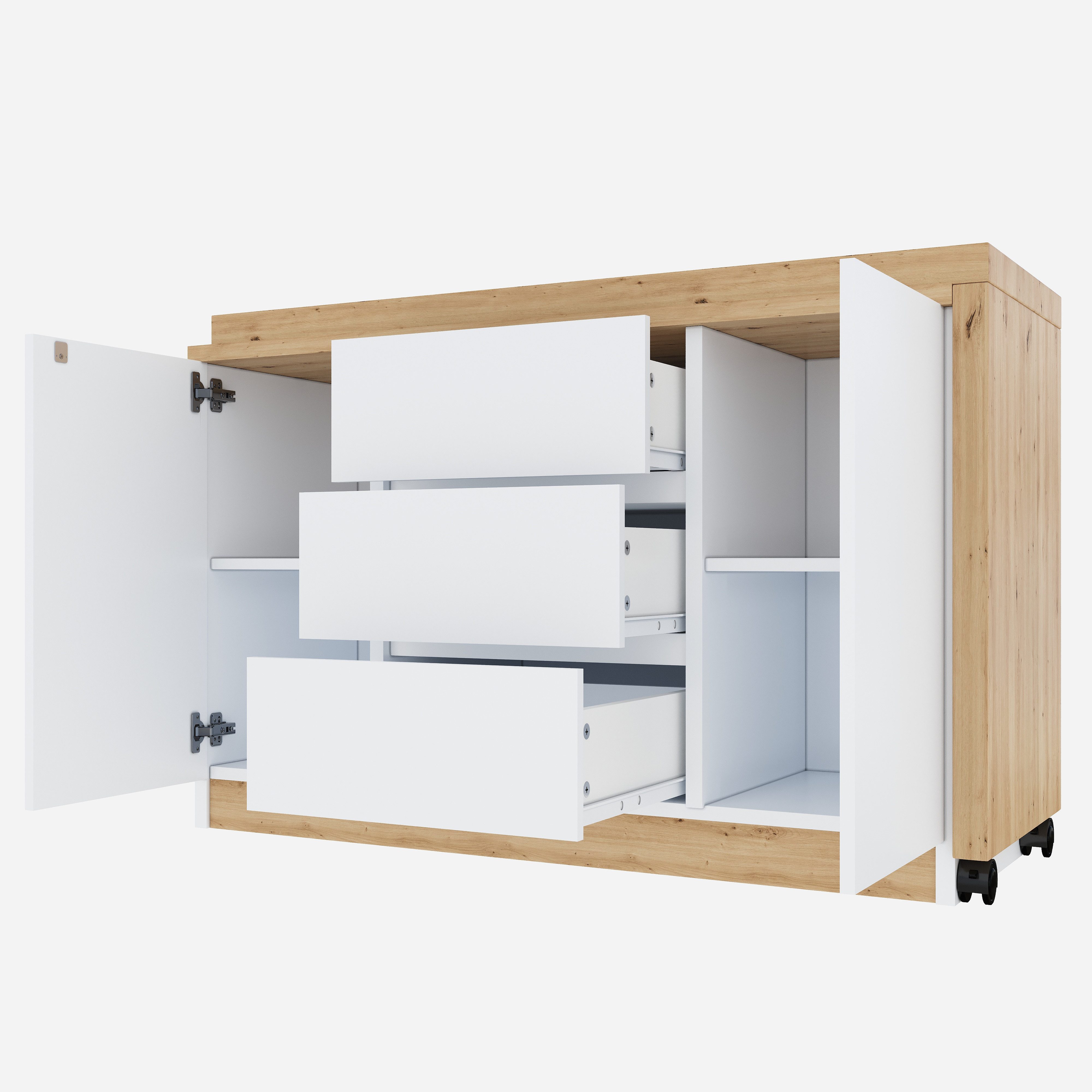 Celya Schreibtisch Eckschreibtisch mit feststellbaren Rollen, multifunktionales Design (weiß/Eiche, Faltbarer Schreibtisch, Sideboard,Dicke Materialie), 4 cm di – Bild 4 von 5