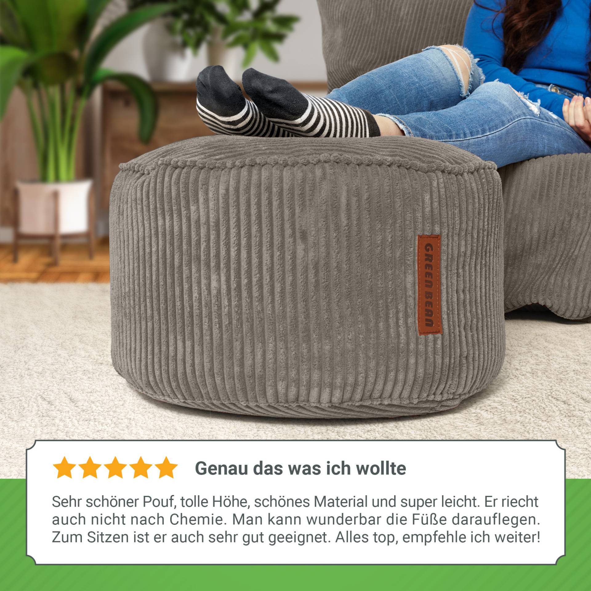 Green Bean Pouf Sitzsack-Hocker Pouf Cord 45x25cm (Indoor Sitzhocker Sitzkissen Fußhocker Relax-Sessel, Made in Germany), die ideale Ergänzung zum Sitzsack
