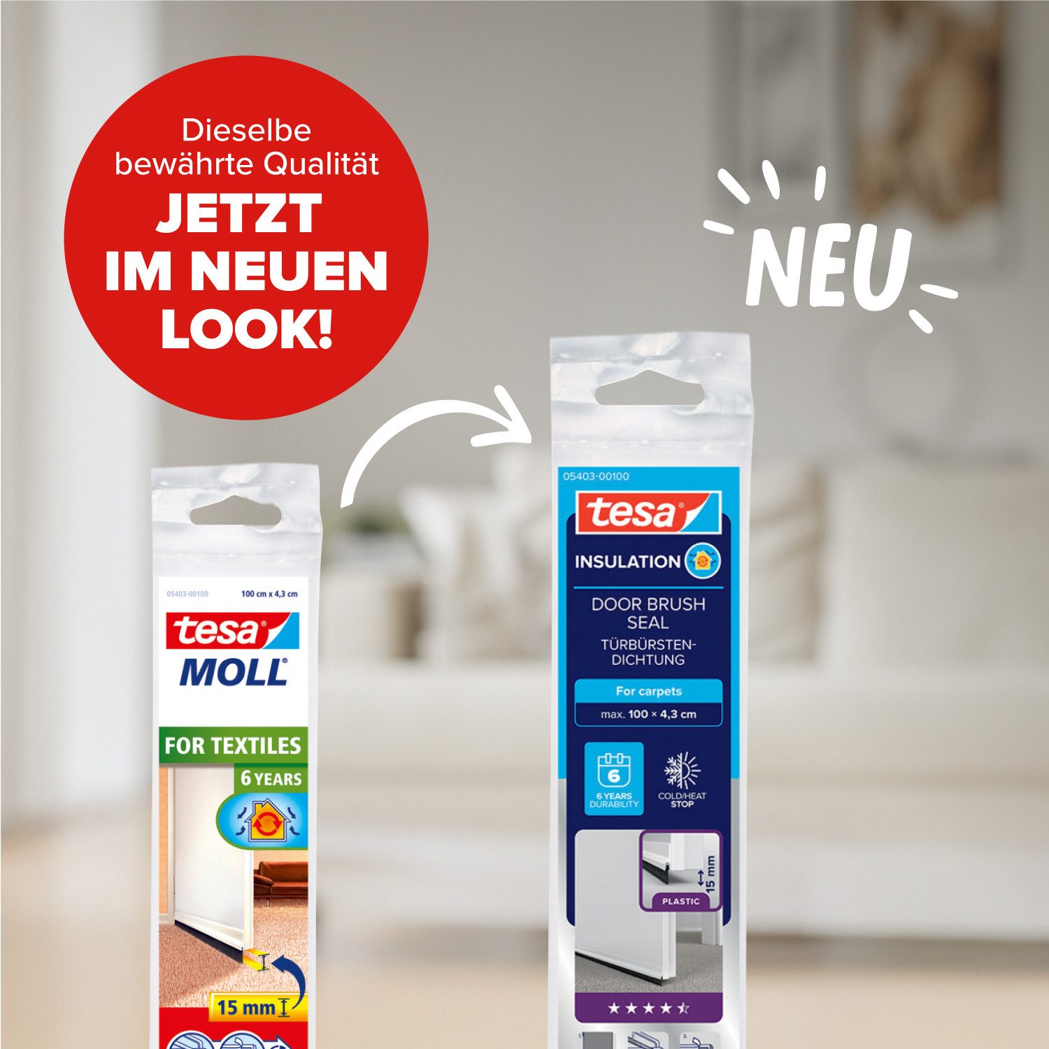 tesa Türbodendichtung INSULATION Türdichtschiene für Textilböden/Teppich, L: 0.8 cm, (Packung, 1-St., Türdichtung weiß - mit Bürstendichtung bis 15 mm), selbstklebende Türdichtung zum Schutz vor Zugluft