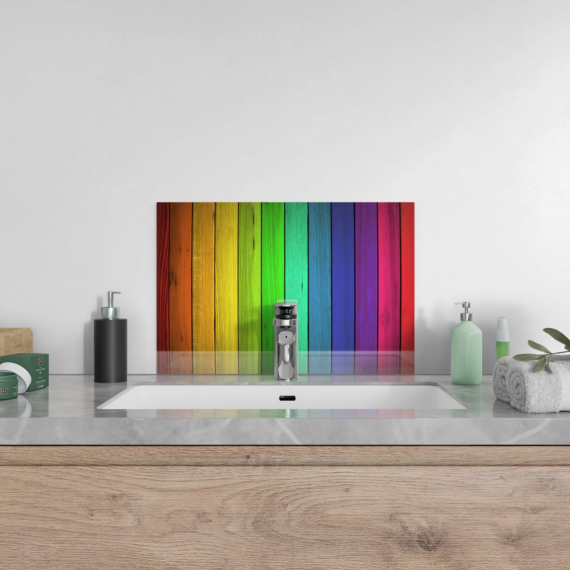 Badrückwand Herdblende DEQORI 'Farbige Küchenrückwand Holzlatten', Spritzschutz Glas