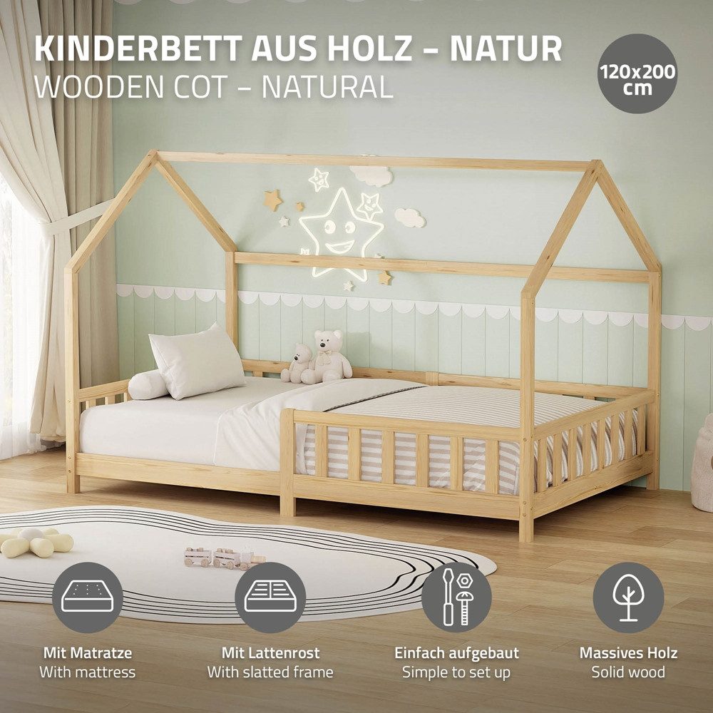 ML-DESIGN Spielbett Hausbett Kinderbett inkl. Lattenrost kreativ Bodenbett für Kinder, Abenteuerbett mit Matratze H-16 cm 120x200cm Holzbett Bettgestell