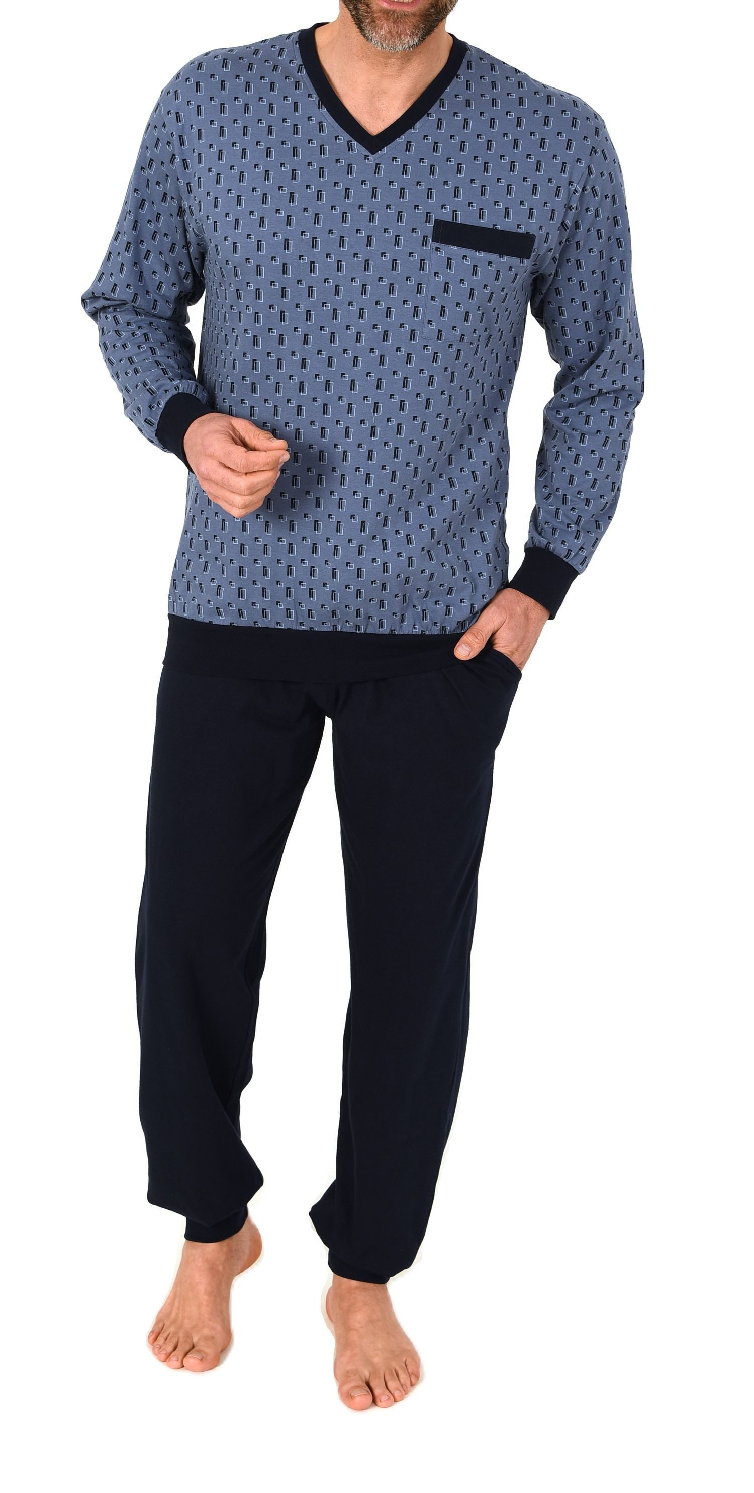Normann Pyjama Normann Herren Schlafanzug lang mit Bündchen und Minimal Print-Optik – Bild 2 von 5