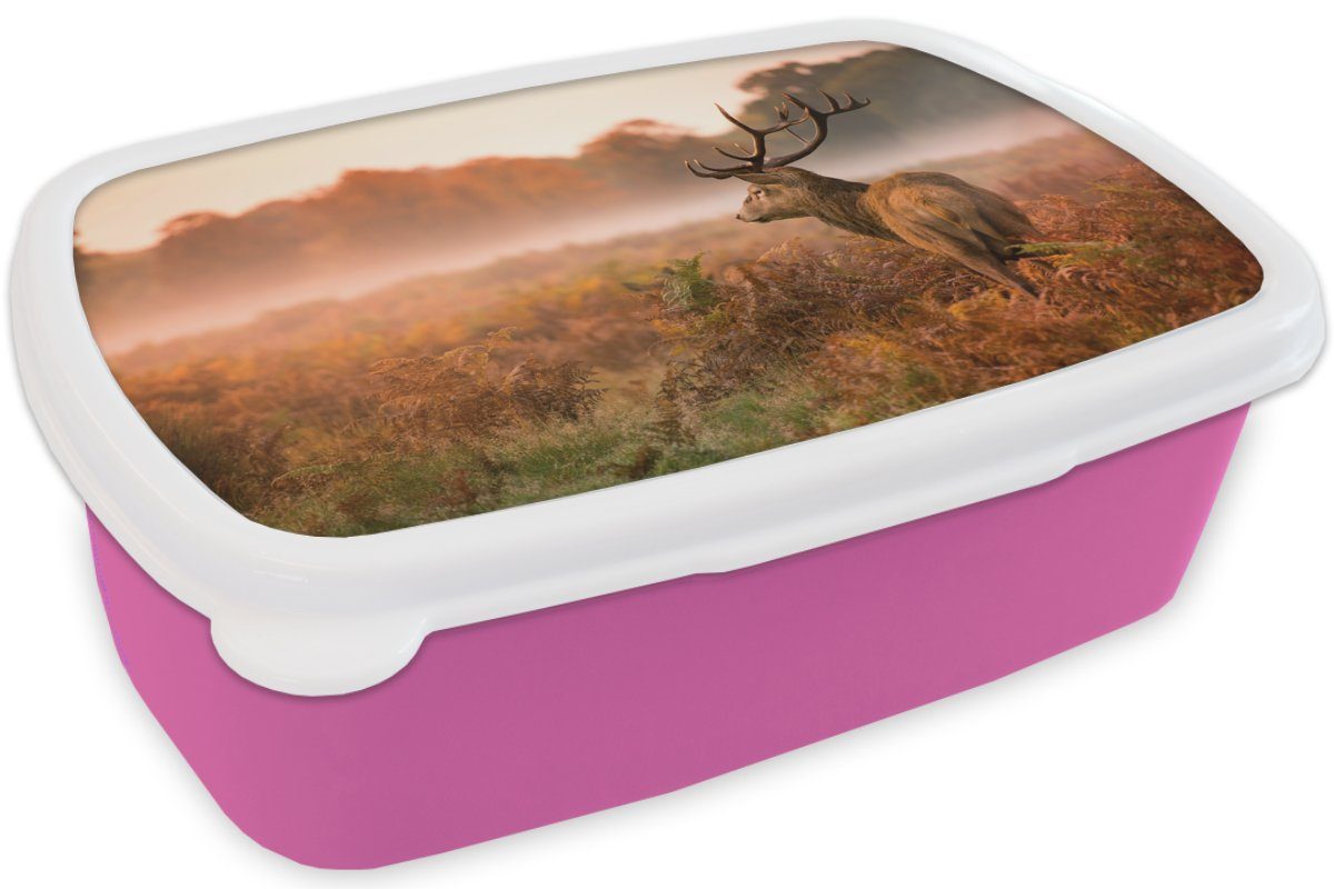 MuchoWow (2-tlg), Brotbox Hirsche Nebel Mädchen, Erwachsene, - Herbst, Kunststoff Kinder, rosa Snackbox, Lunchbox für Brotdose - Kunststoff,