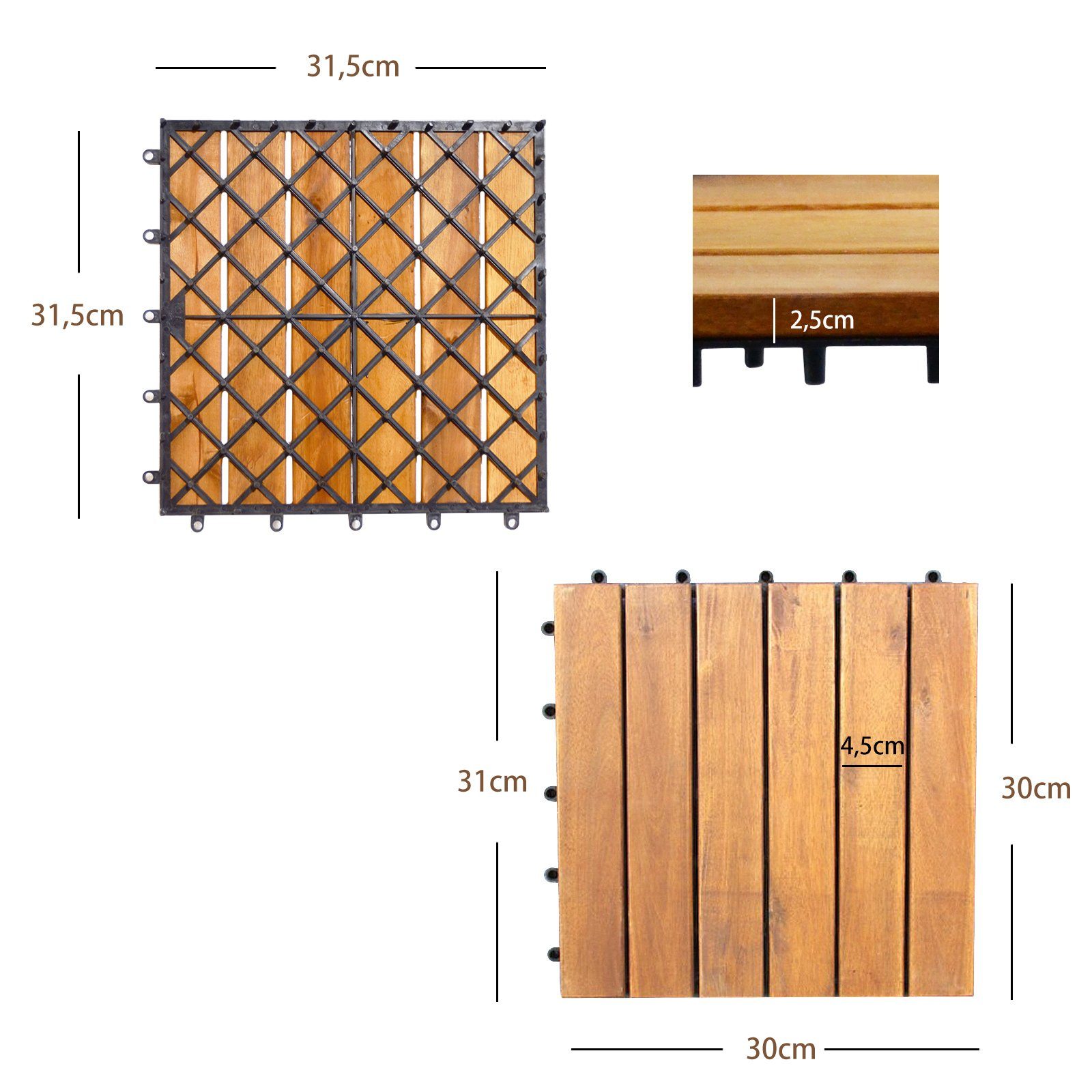 Muster x Klickfliesen, Holzfliesen, 30 cm Gestreiftes 30 aus 27St. Akazienholz, x COSTWAY 2,4