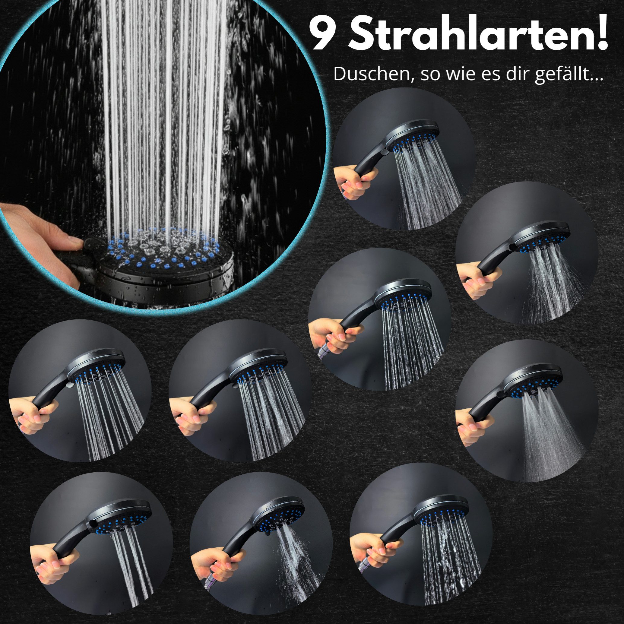 Blumbach Handbrause - Duschkopf Energy Rain, (Hochdruck Duschkopf wassersparend + druckerhöhend), mit 9 außergewöhnlichen Strahlarten