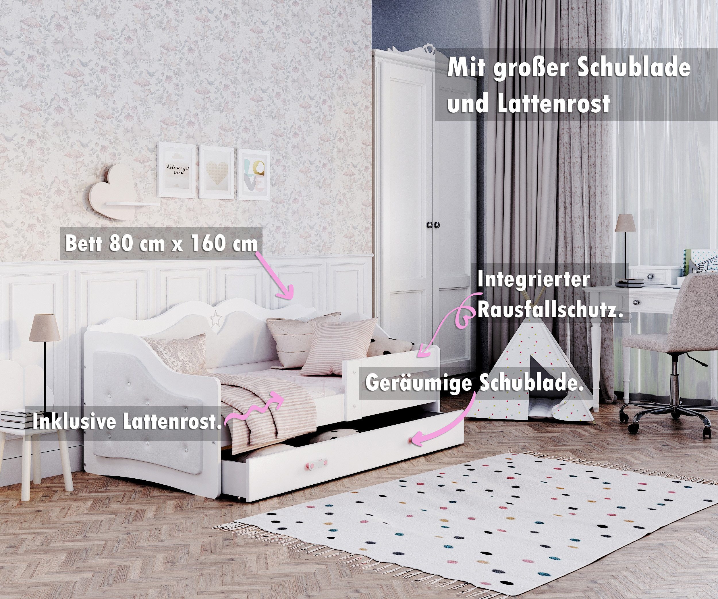 AJKmeble Kinderbett mit Polster, 80x160, 80x180cm günstig online kaufen