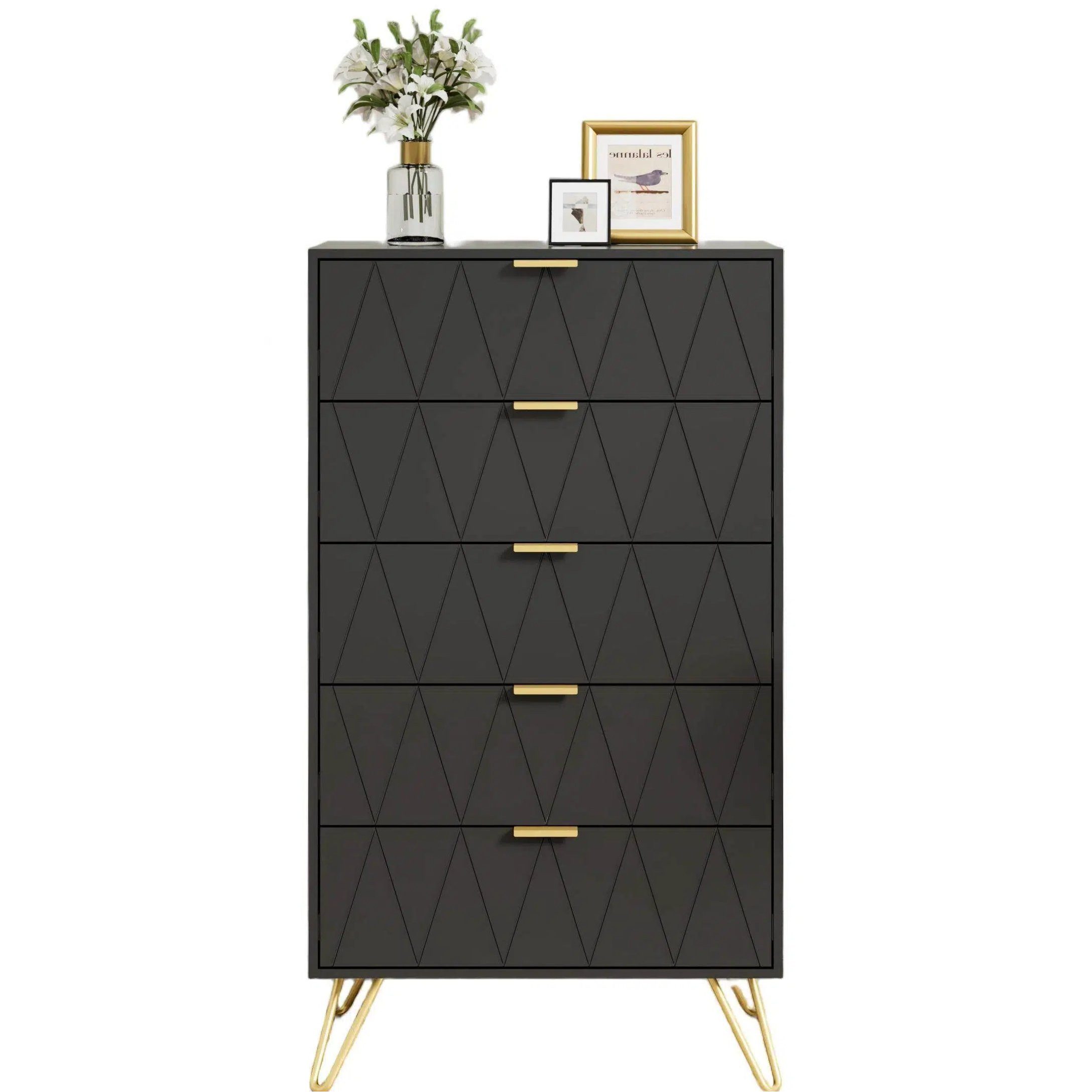 UEV Kommode mit Schubladen, Komodenschrank Schmal Beistellschrank (Mehrzweckschrank für Wohnzimmer Schlafzimmer Büro Flur, Sideboard mit Schubladen), 60x34x110cm, Schubladenschrank, Aufbewahrungsschrank, mit Kisppschutz