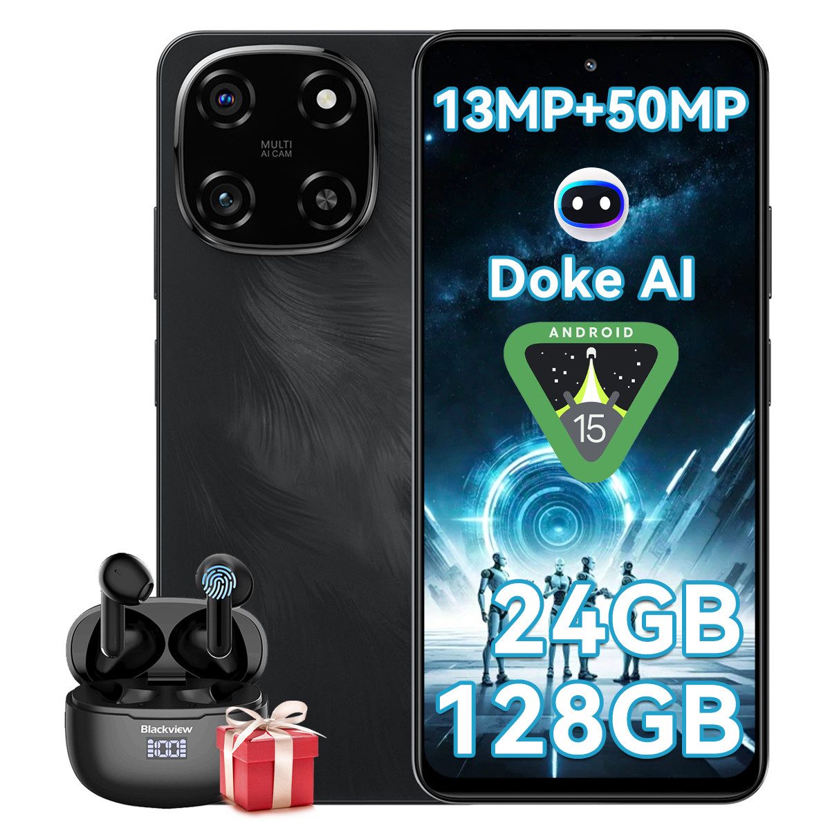 blackview Color 6 incl. Airbuds 8 Smartphone (128 GB Speicherplatz, 50 MP Kamera, Android 15, DokeOS 4.1, 18W,Dual SIM /Fingerabdruck/Face ID/GPS/OTG)
