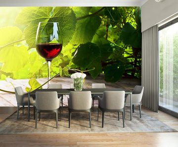 wandmotiv24 Fototapete Glas mit Rotwein im Weinberg, glatt, Wandtapete, Motivtapete, matt, Vliestapete