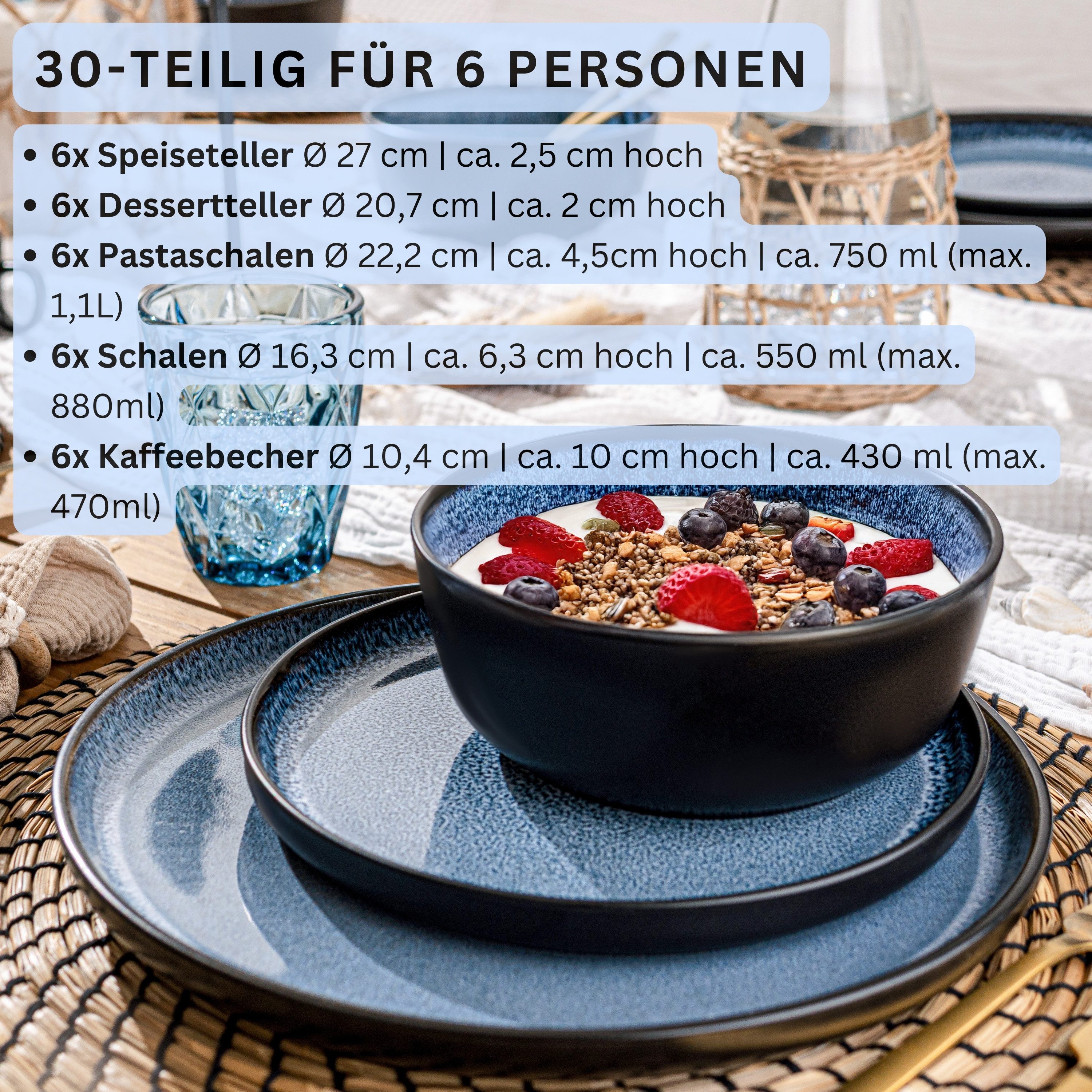 SÄNGER Tafelservice Aruba Geschirrset (30-tlg), 6 Personen, Steingut, blau mit schwarzem Rand, Handmade, Erweiterbar, VALUE COLLECTION – Bild 2 von 5