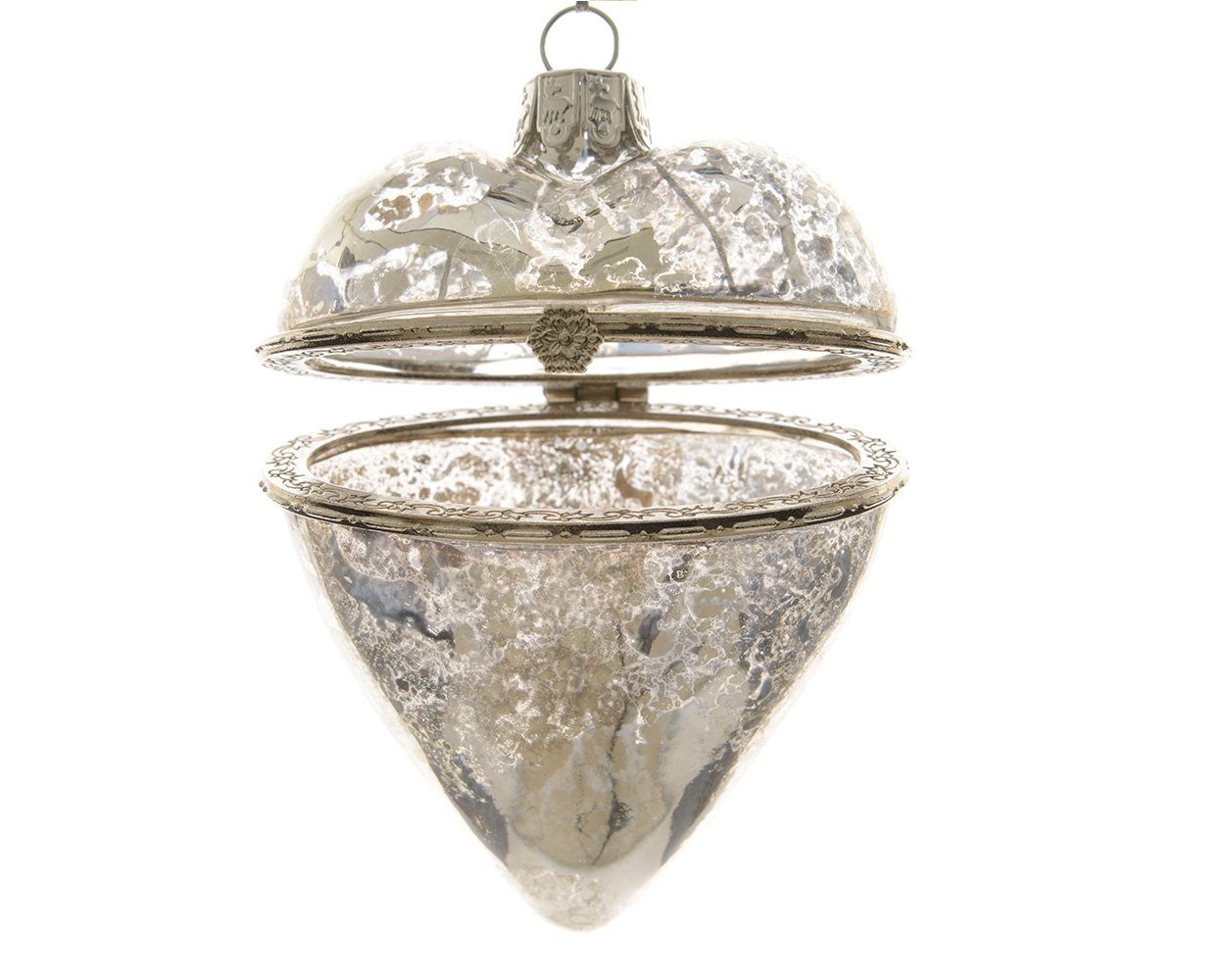 Kaemingk Christbaumschmuck, Christbaumschmuck Glas Herz 8cm aufklappbar, silber transparent