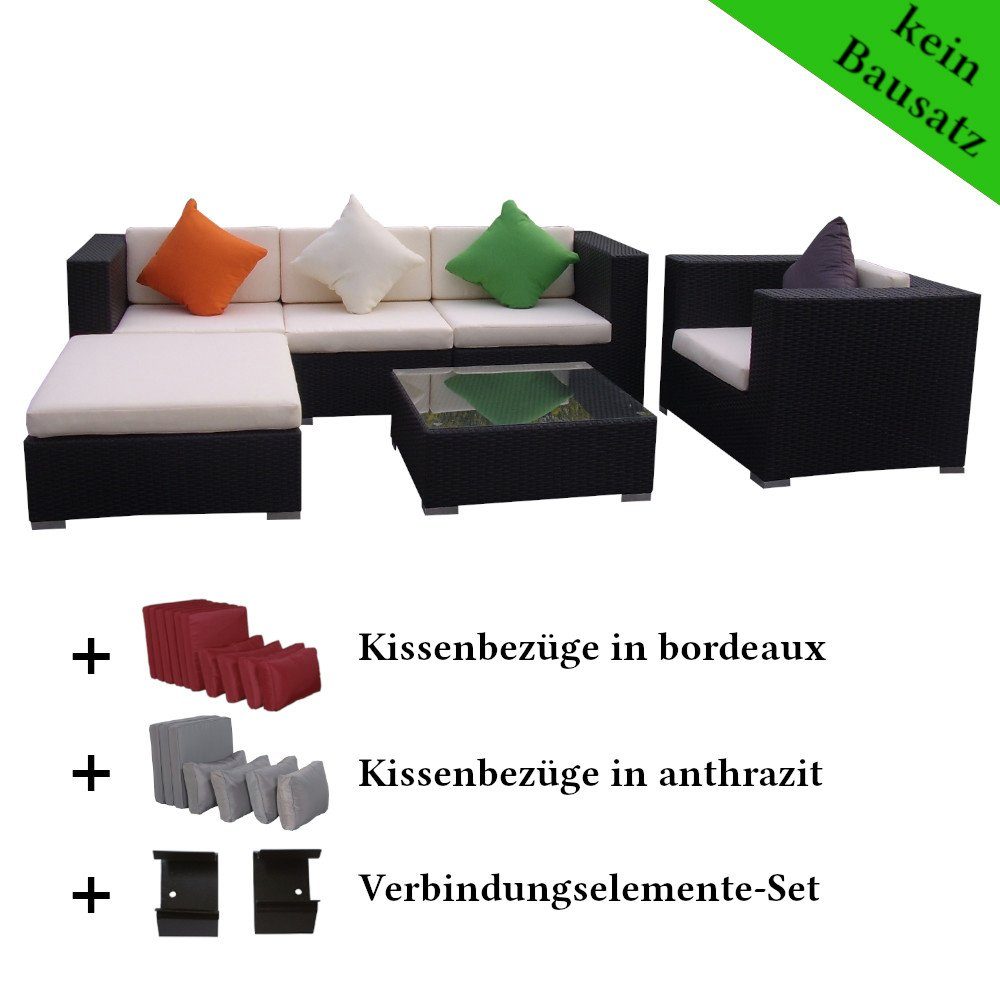 LinJa Gartenlounge-Set Poly Rattan Gartenmöbel Florida schwarz Alu Garnitur Lounge Garten, (Set)