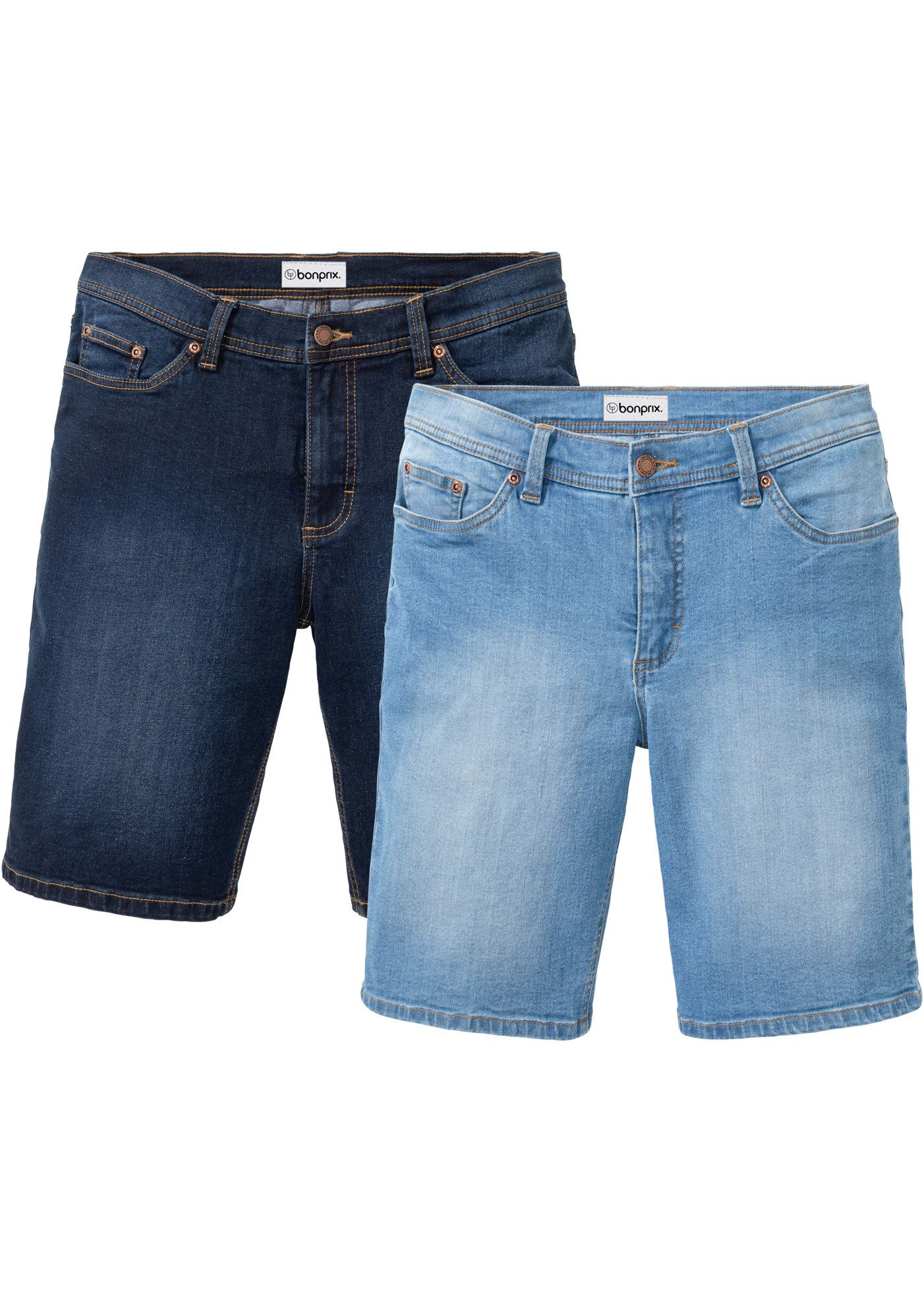 bonprix Jeansbermudas (Packung, 2-tlg., 2er) mit Elasthan-Anteil, im Straight Fit, mit Used-Effekten, 5-Pocket-Form